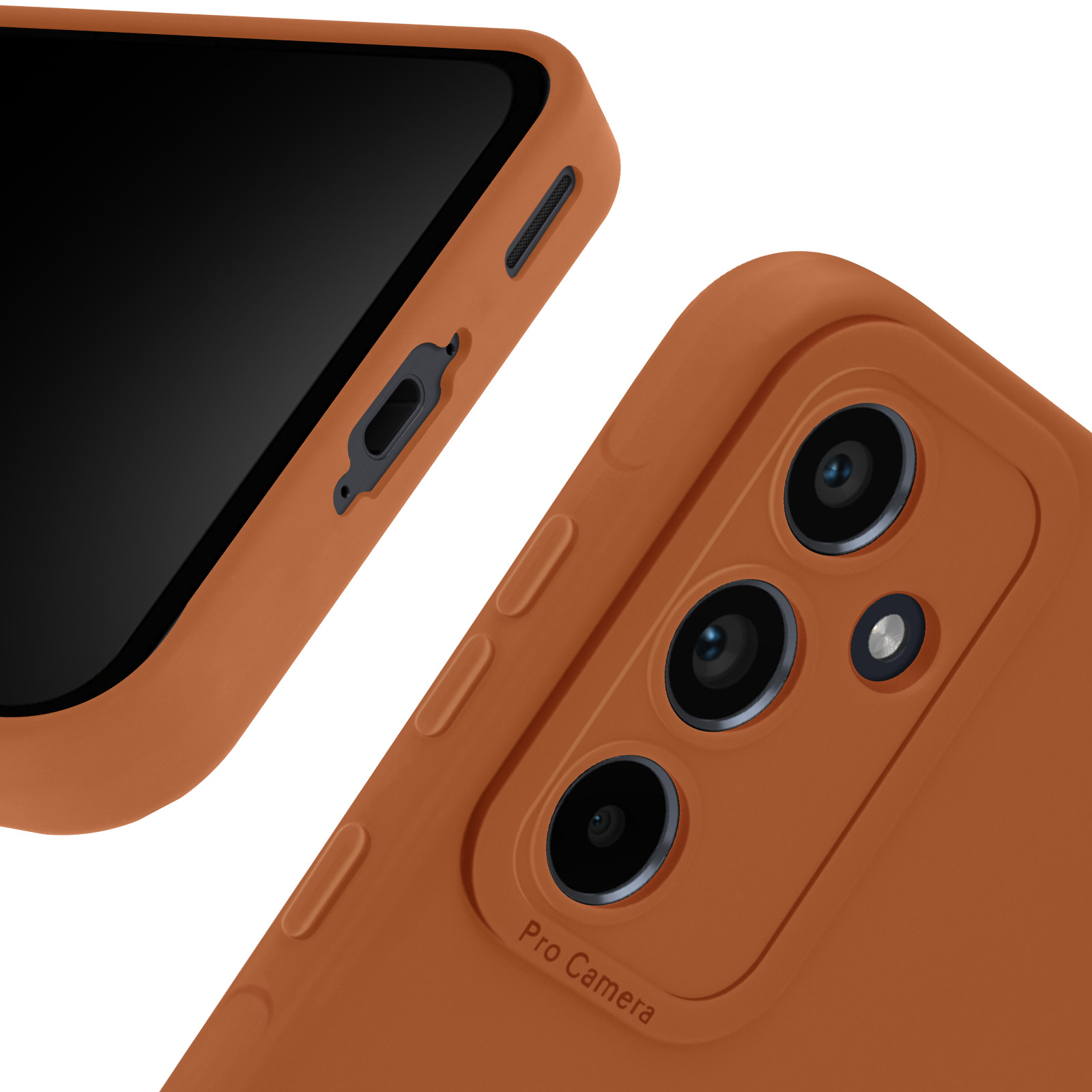 Primo piano della cover del telefono con lenti della fotocamera e dettagli.
