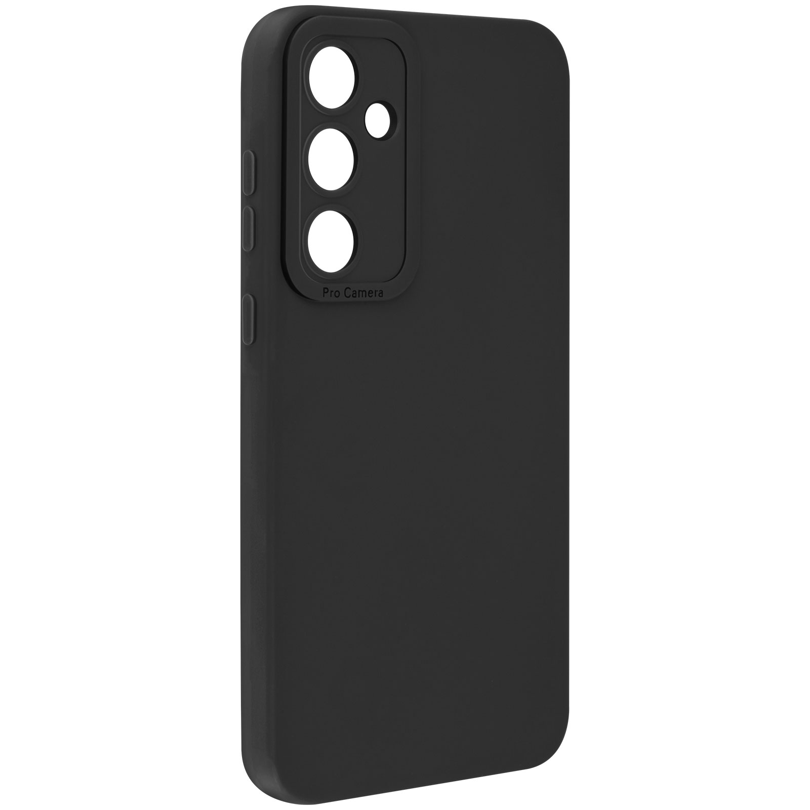 Custodia per telefono nera, tre fori per fotocamera. Sfondo nero. Etichetta Pro Camera.