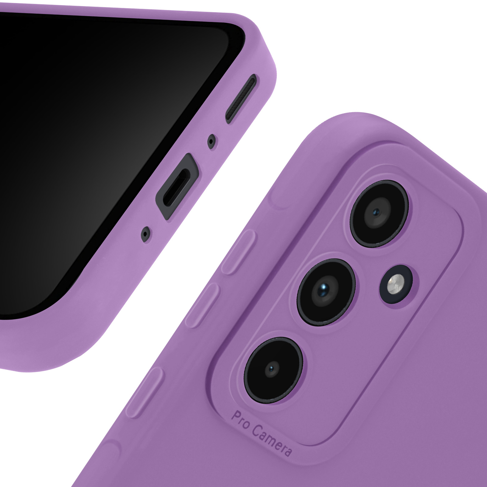 Primo piano di una custodia per telefono viola con tre obiettivi e la scritta Pro Camera.
