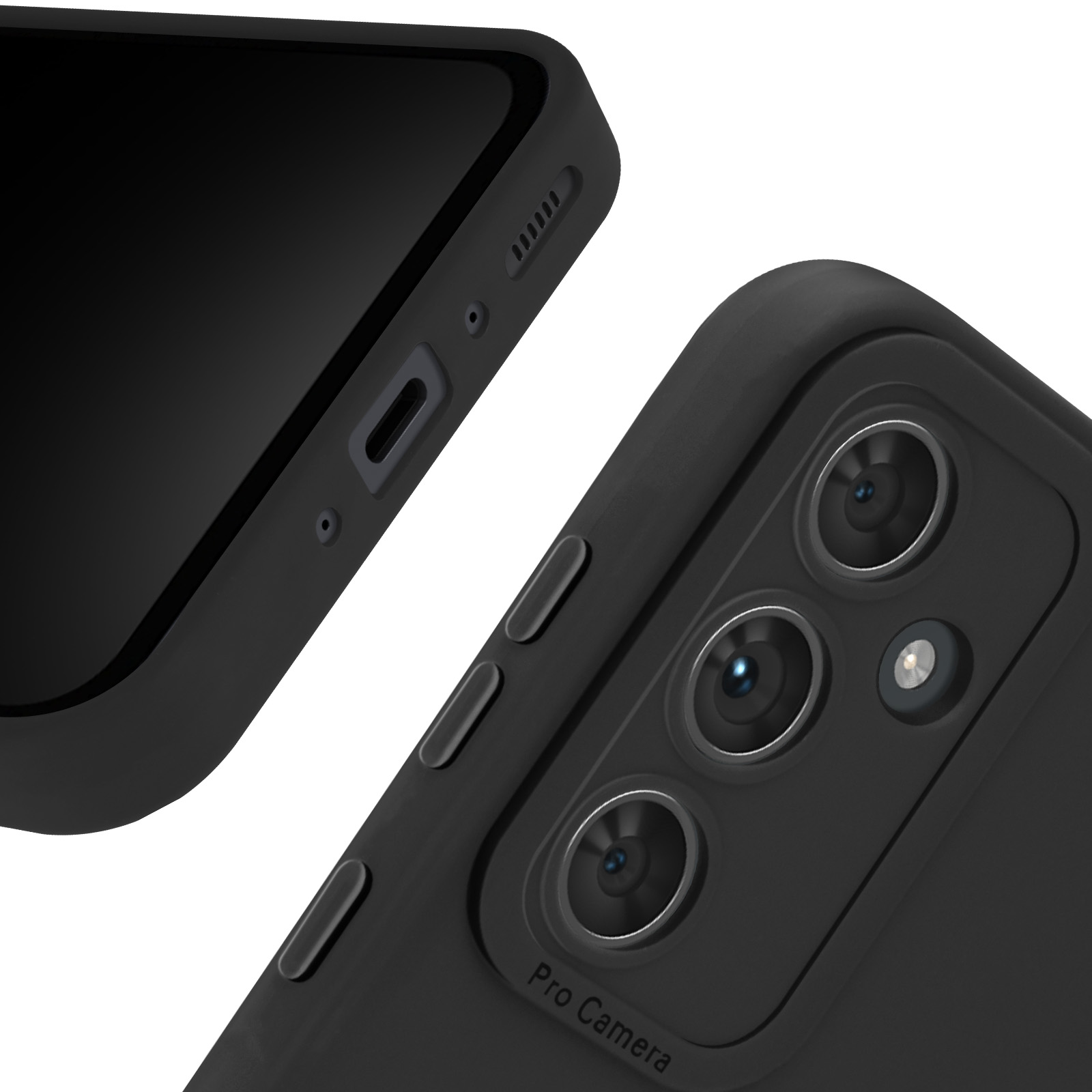 Primo piano di una custodia nera per telefono con il telefono. La custodia ha le parole Pro Camera.