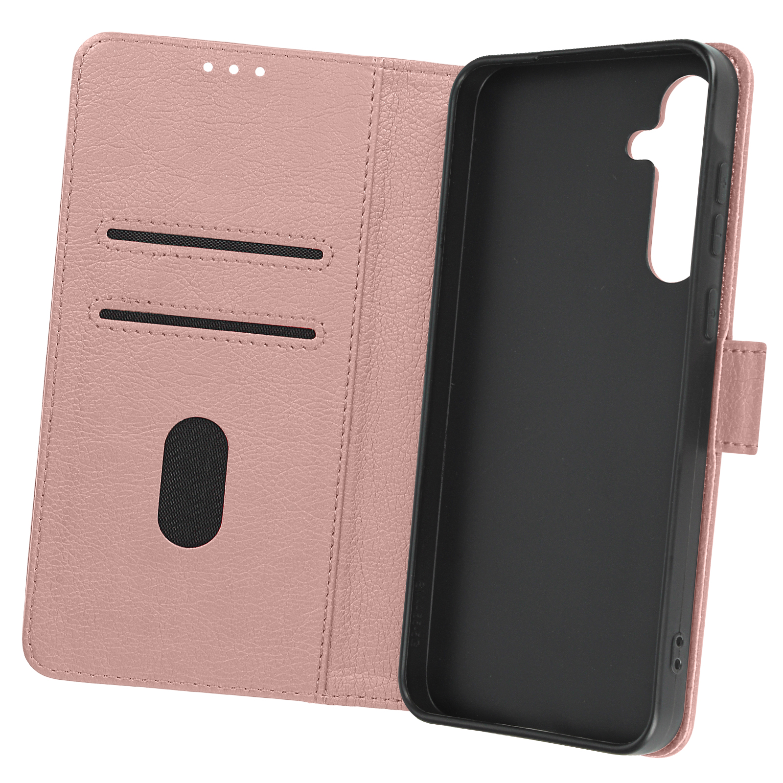 Custodia per telefono rosa aperta, che mostra l'interno con fessure per carte e la cornice del telefono.