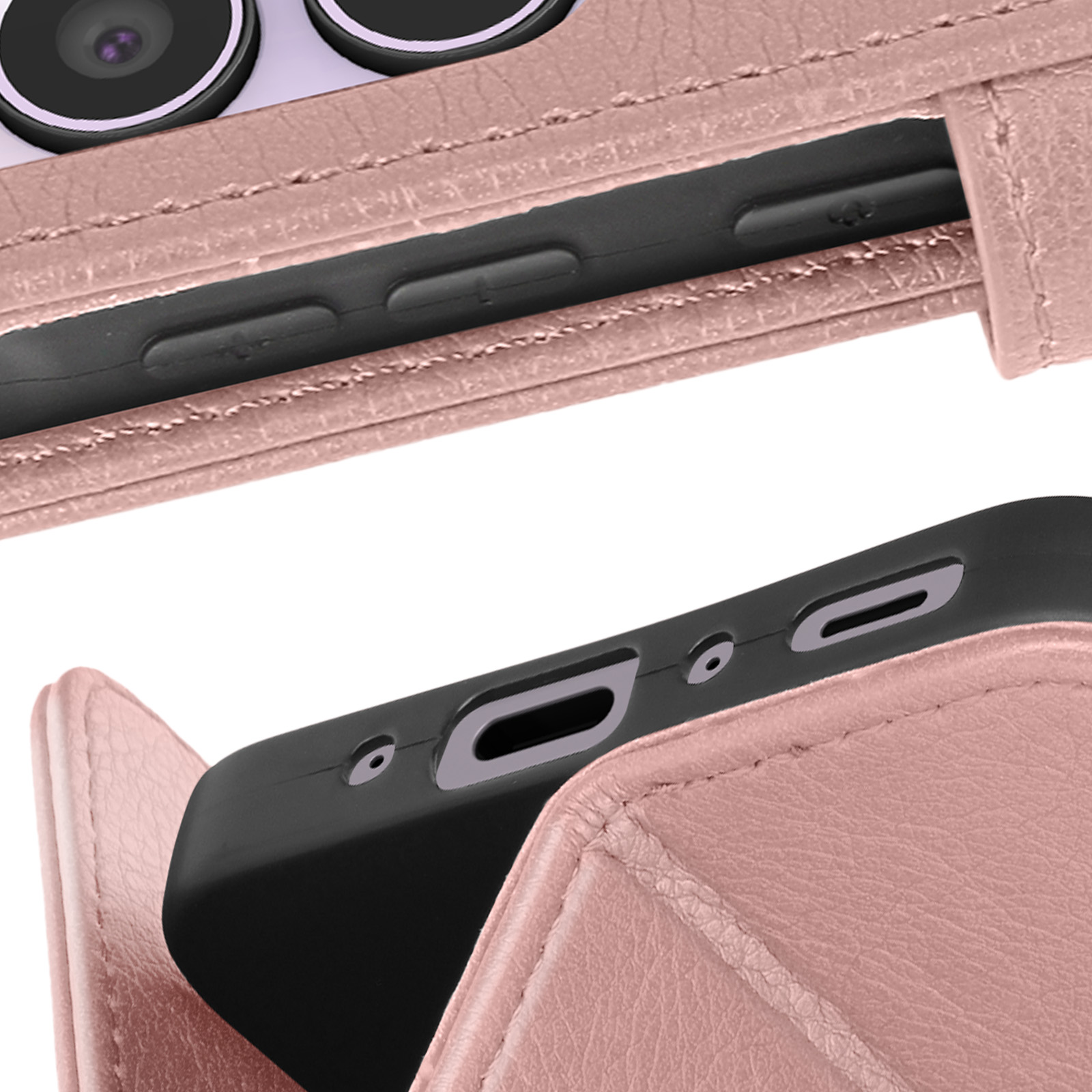 Primo piano di una custodia rosa per telefono. La custodia è aperta, rivelando il lato di un telefono con pulsanti e porte.