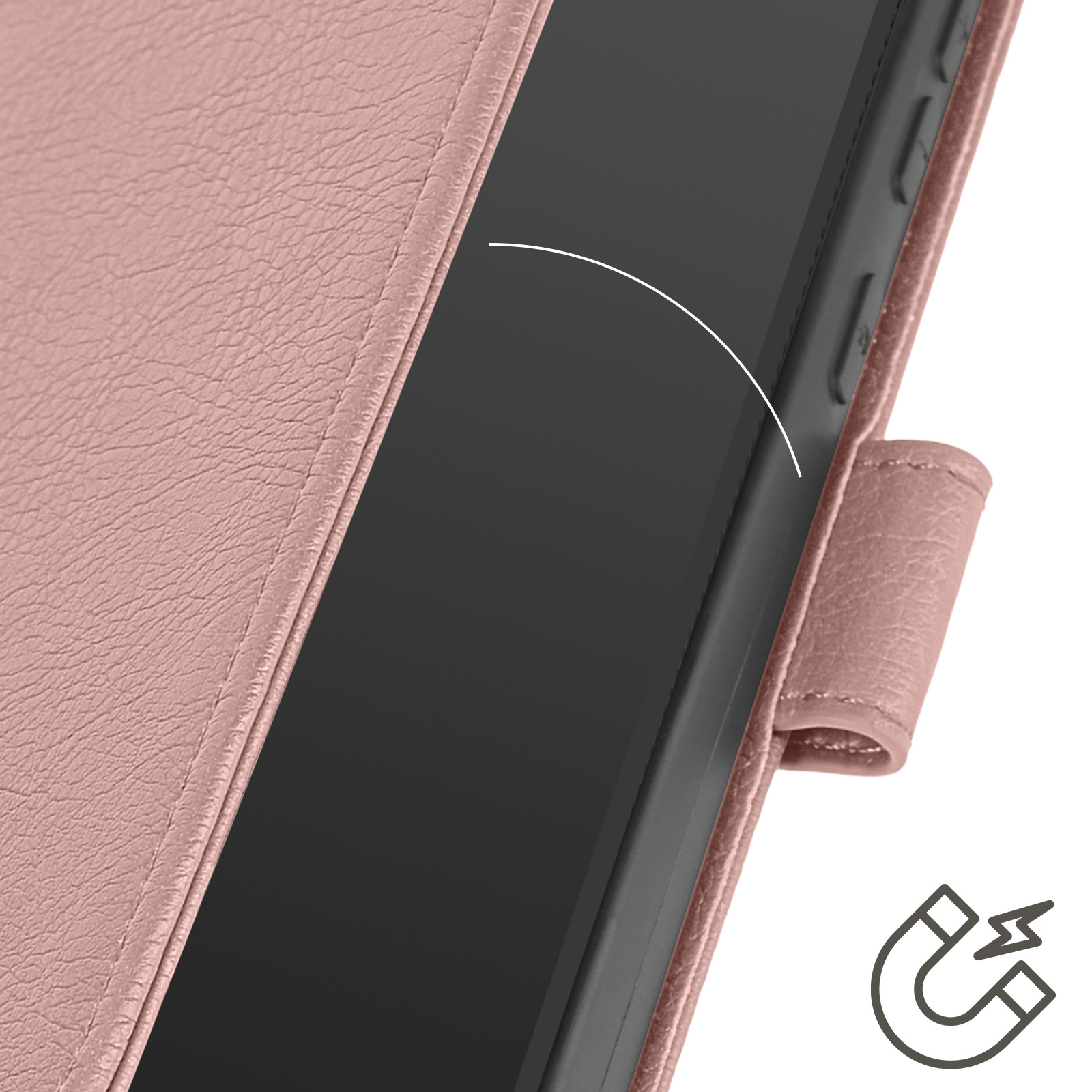 Primo piano di una custodia per telefono rosa con chiusura magnetica.