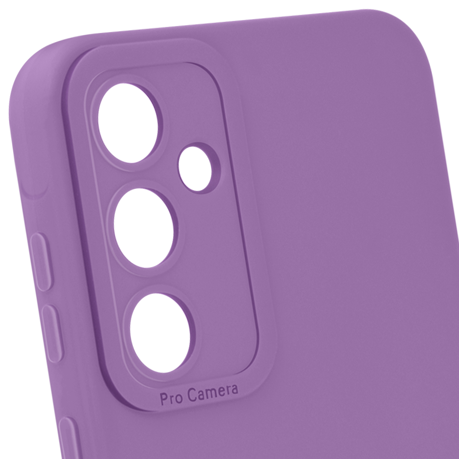 Primo piano di una custodia viola con ritaglio fotocamera e la scritta Pro Camera.