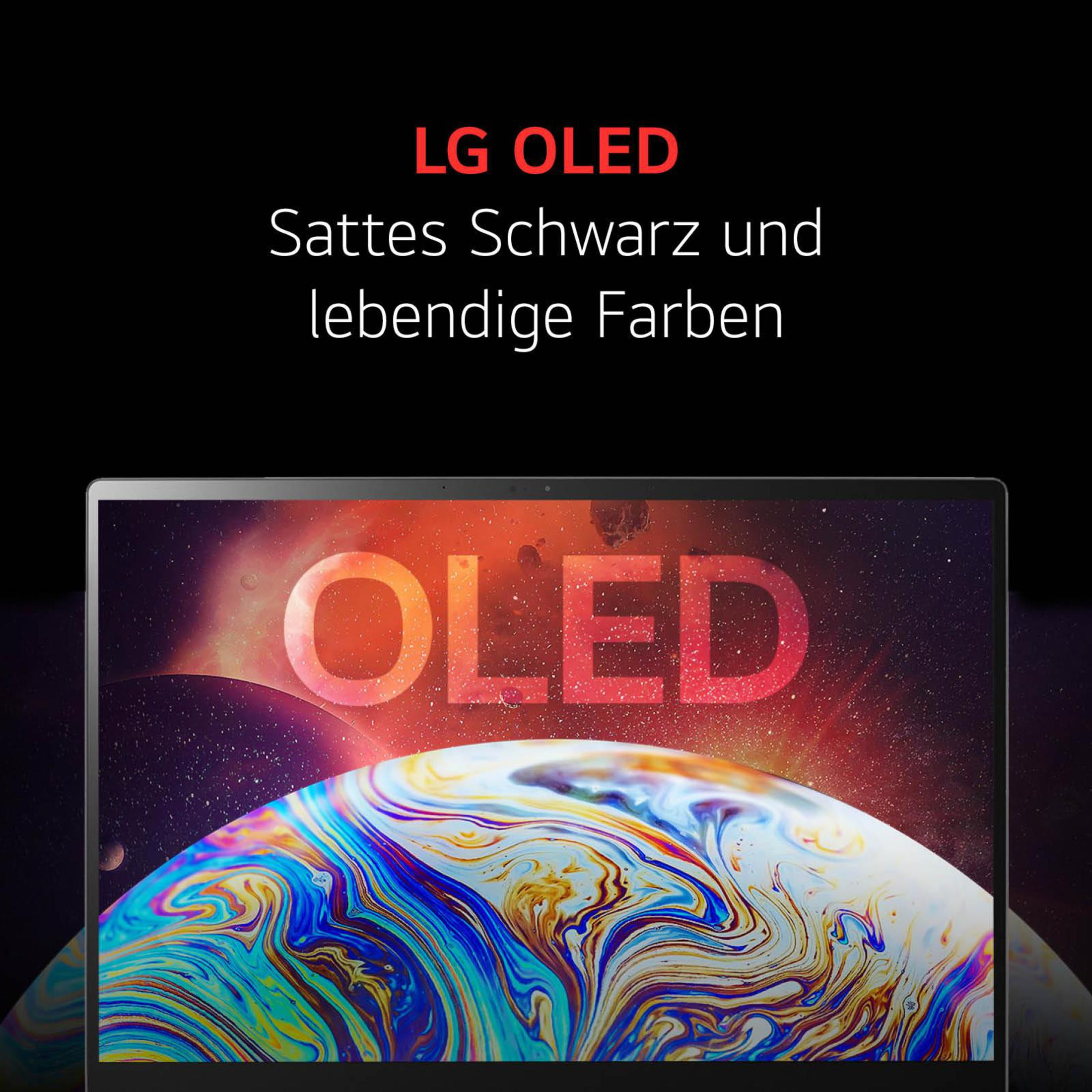 Laptop-Bildschirm mit farbenfroher Grafik, mit rotem 'OLED'-Text.