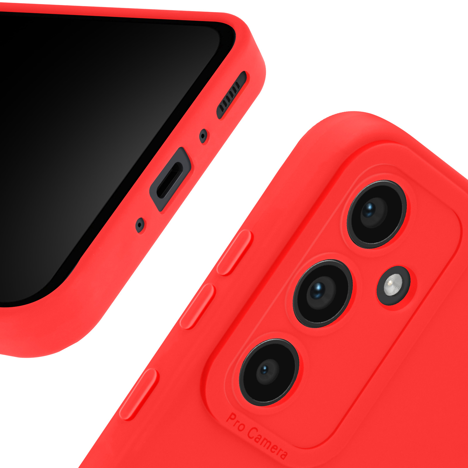 Coque de téléphone rouge avec découpes pour appareil photo. Un téléphone est partiellement visible.