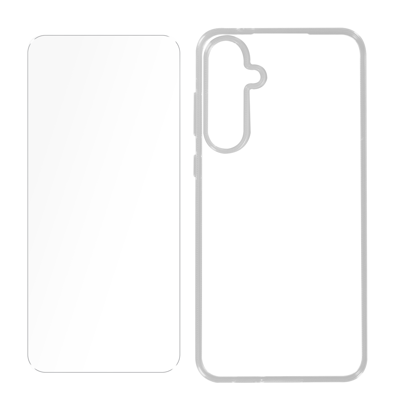 Contorno di protezione schermo e custodia del telefono, sfondo bianco.