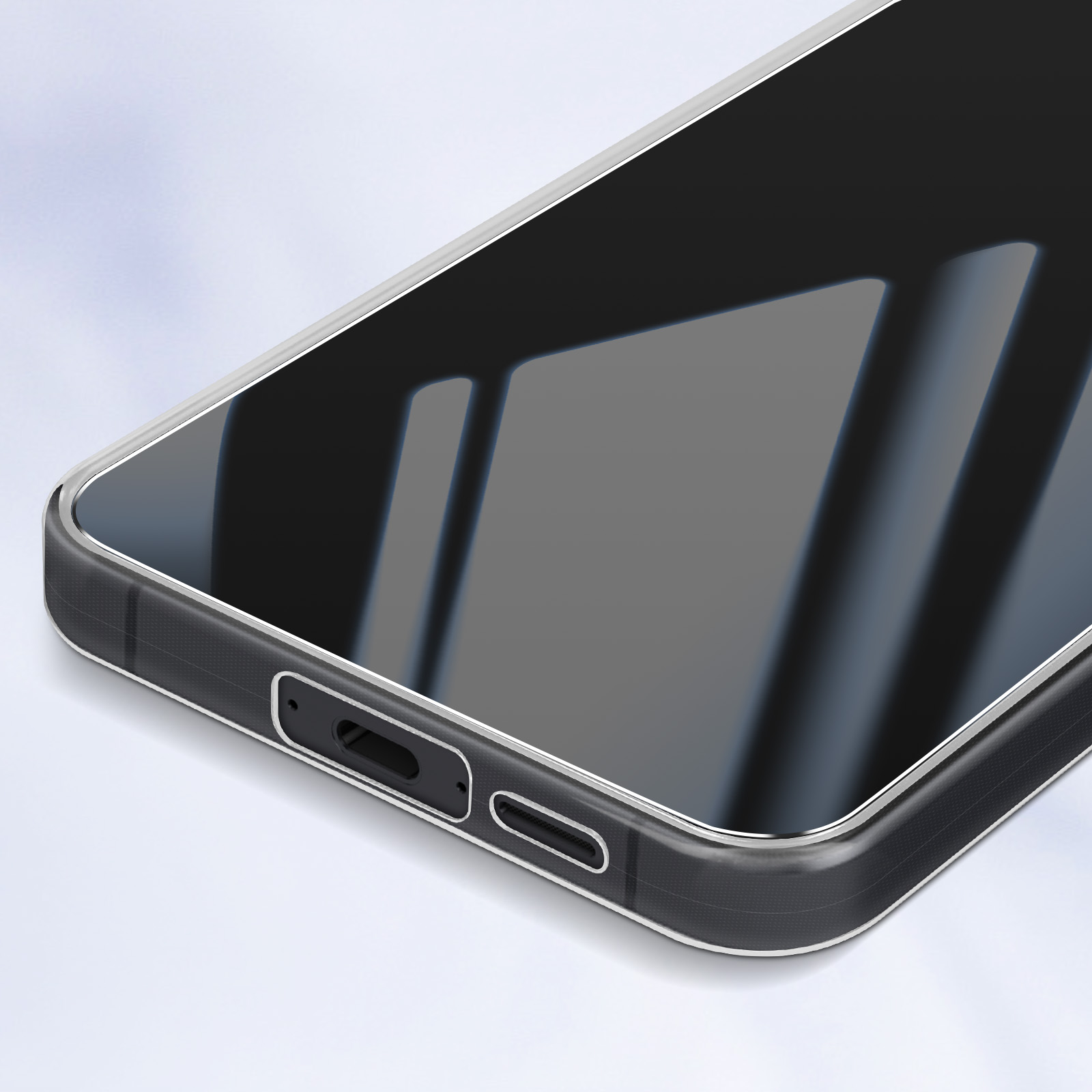 Primo piano dello schermo nero di un telefono con cornice argentata.