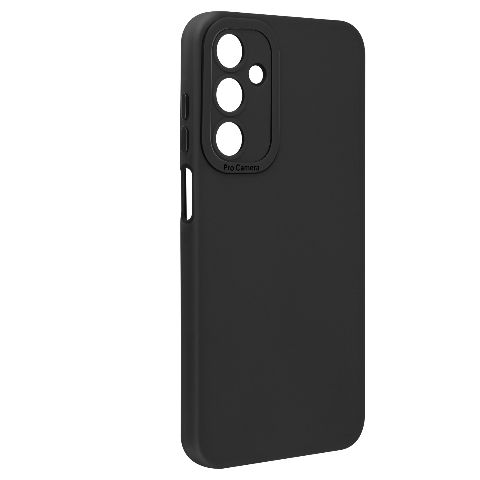 Custodia nera per telefono con ritagli per fotocamera. Etichetta Pro Camera sul lato.