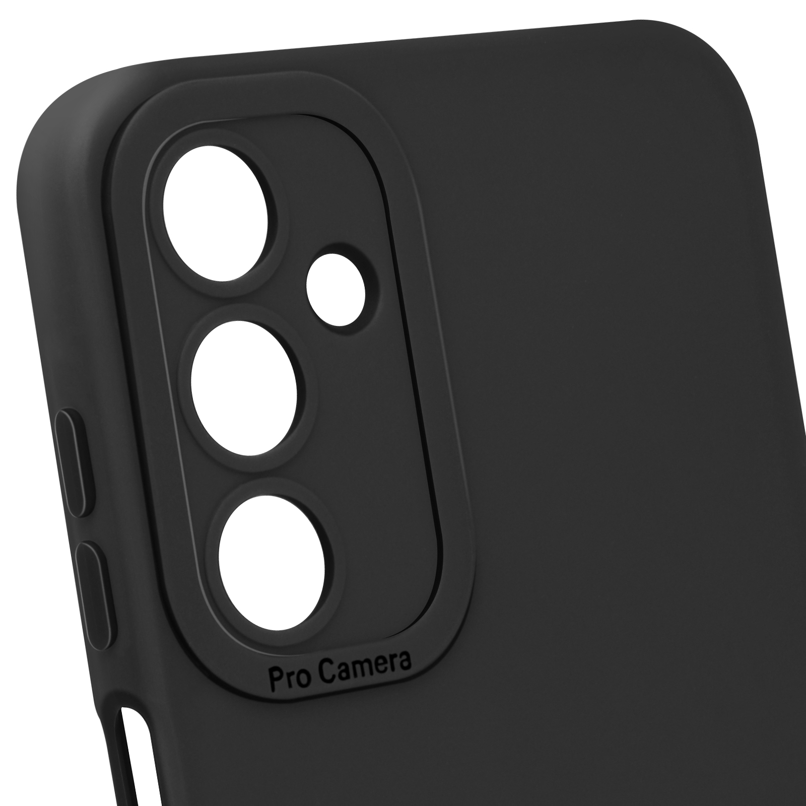 Primo piano di una custodia per telefono nera con tre ritagli per fotocamera e la scritta 'Pro Camera'.