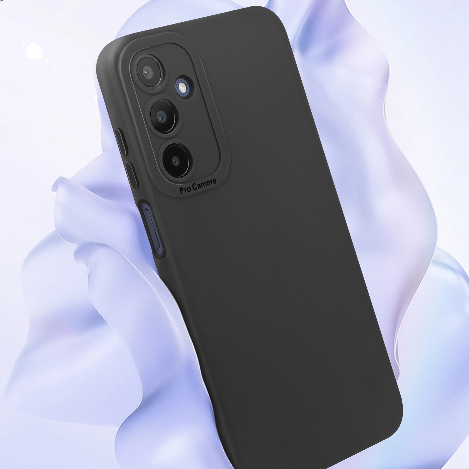 Custodia nera per telefono con lenti della fotocamera. Mostra un testo fotocamera pro.