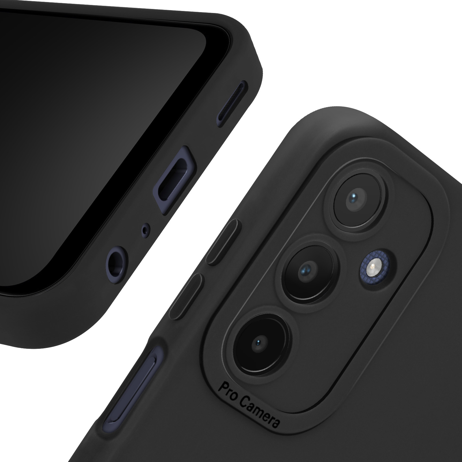Custodia nera per telefono con ritagli per fotocamera e pulsanti. Anche il telefono è nero.