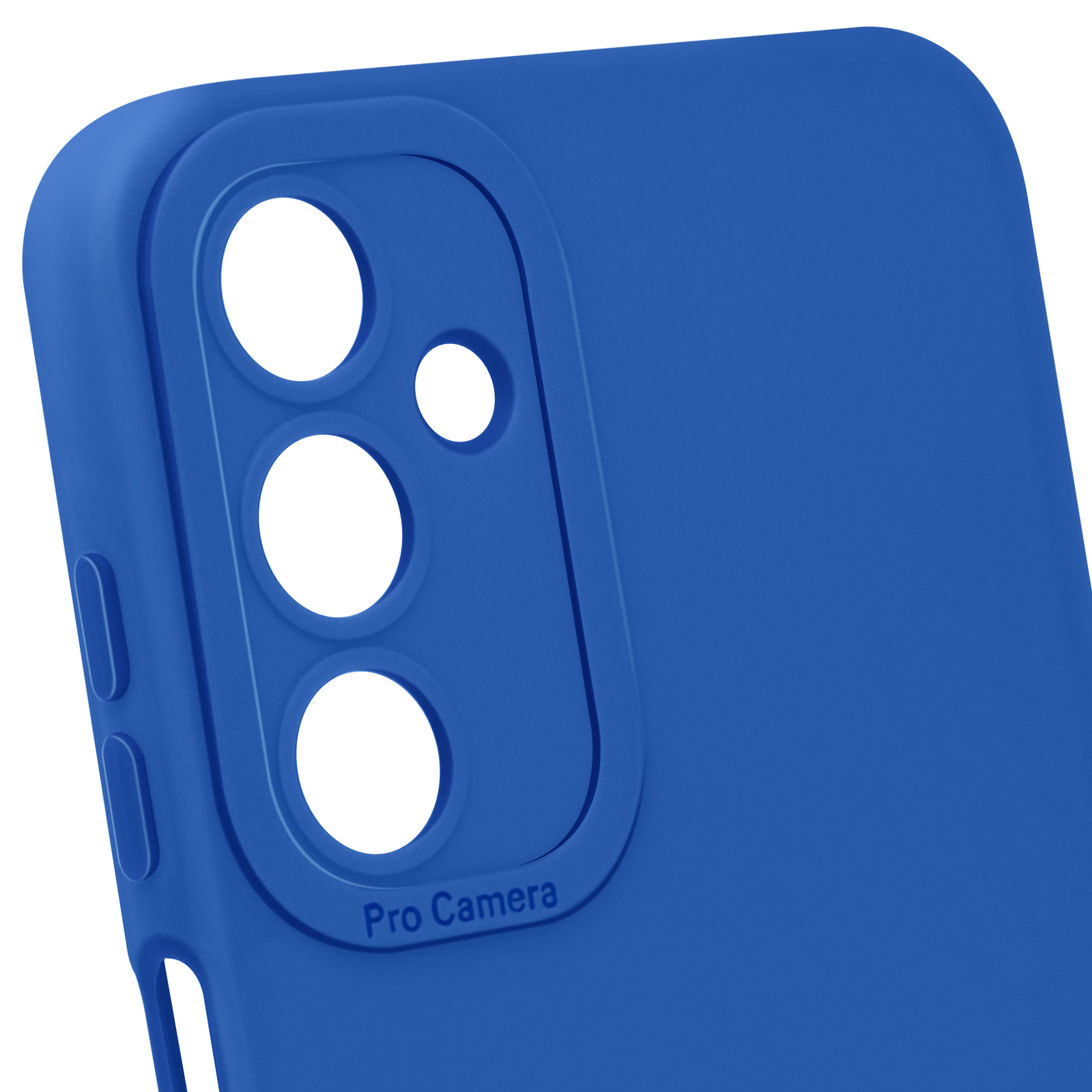 Custodia blu per telefono. Presenta tre fori per la fotocamera e le parole "Pro Camera".