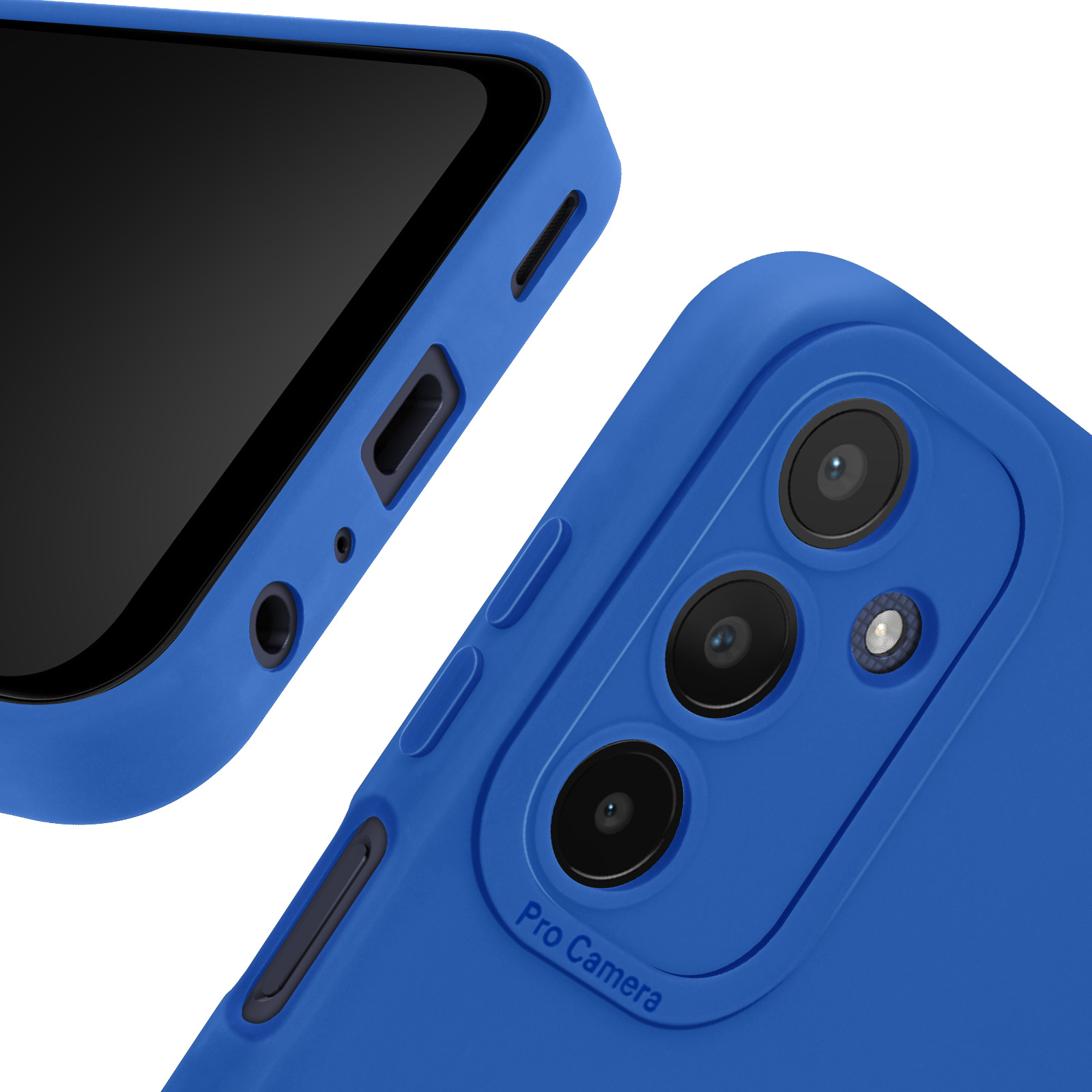 Primo piano di un telefono blu con Pro Camera. Mostra lenti e schermo nero.