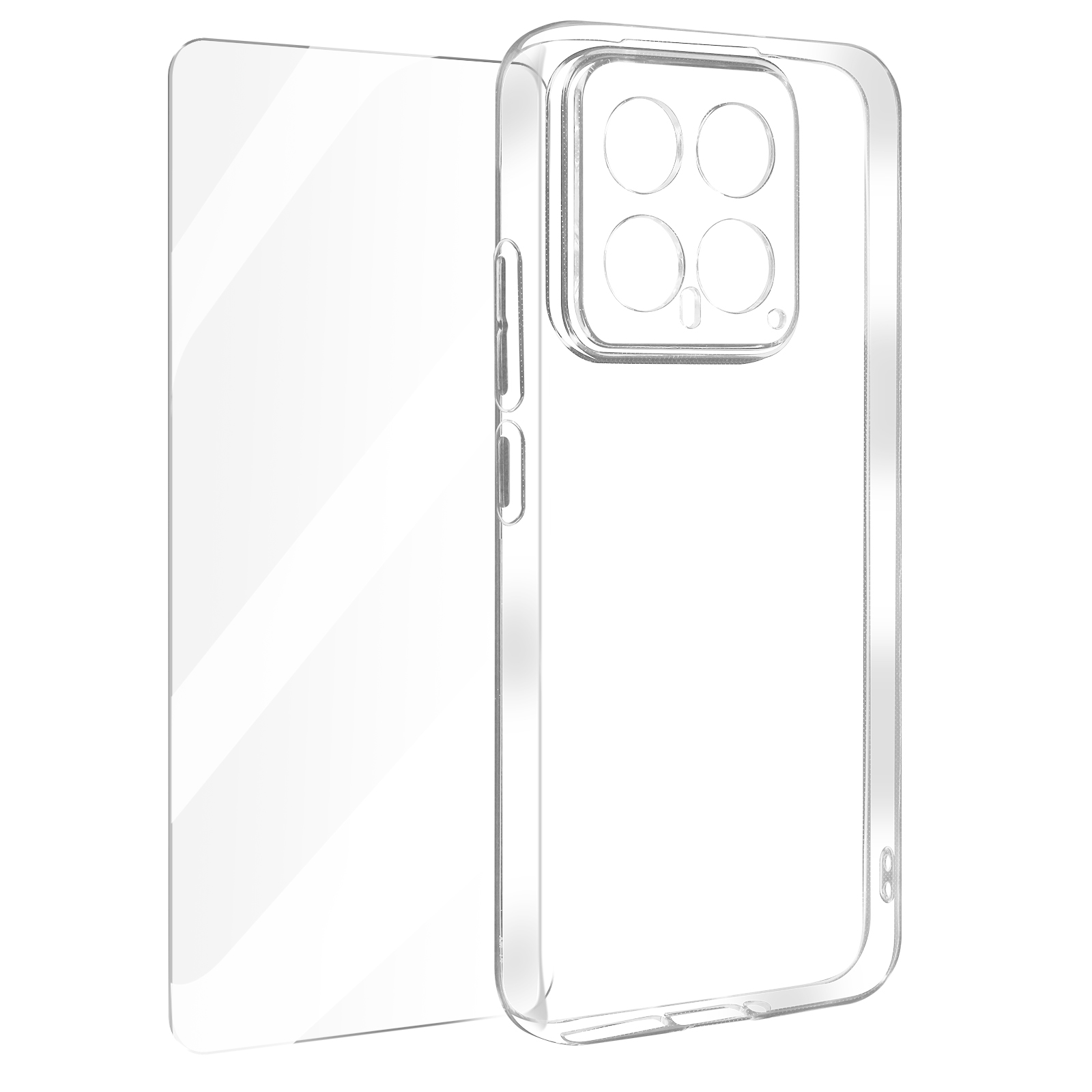 Custodia trasparente per telefono. La custodia ha ritagli per la fotocamera e contorni dei pulsanti. Su una superficie trasparente.