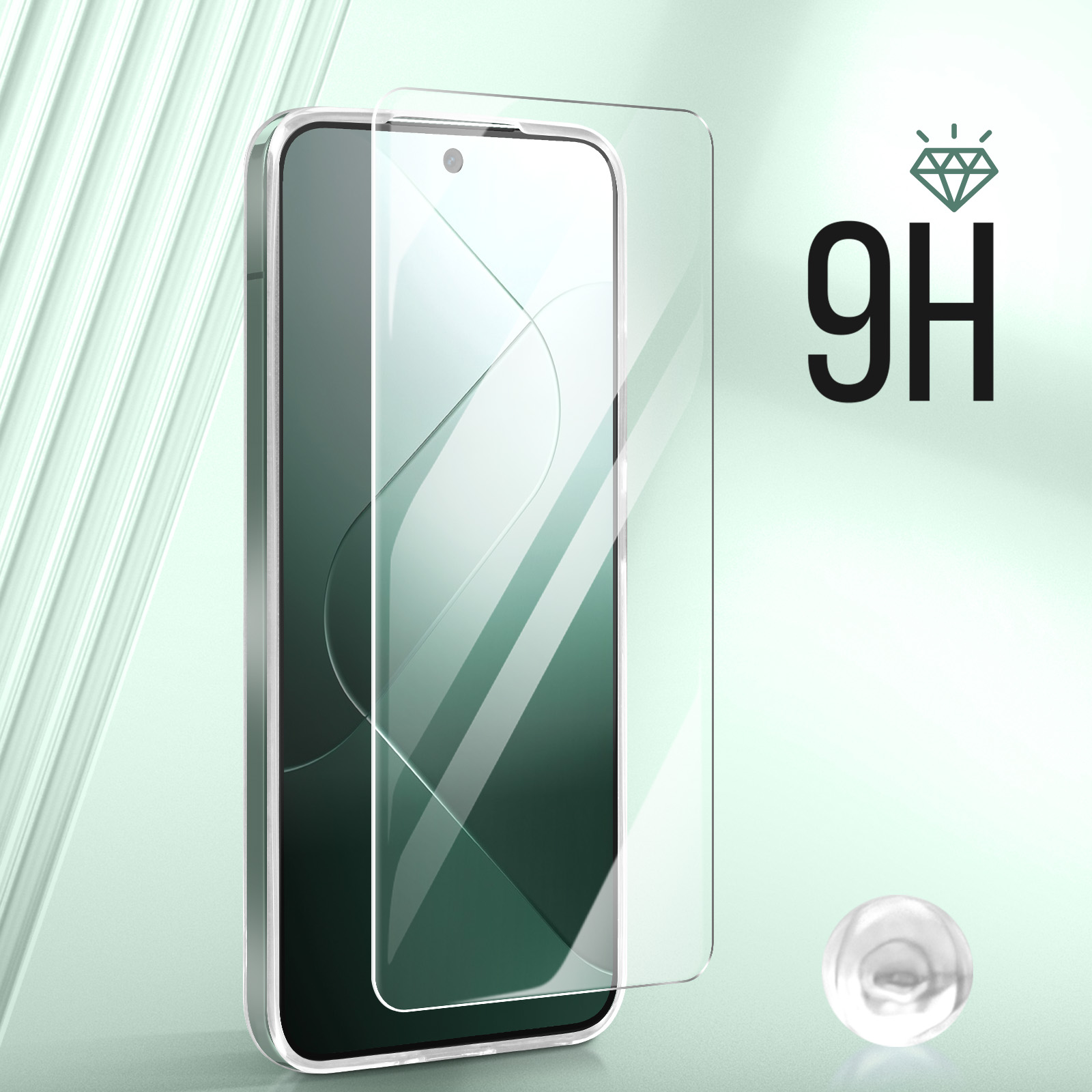 Smartphone con protezione schermo e un'icona a diamante. Sfondo verde. Testo 9H visibile.