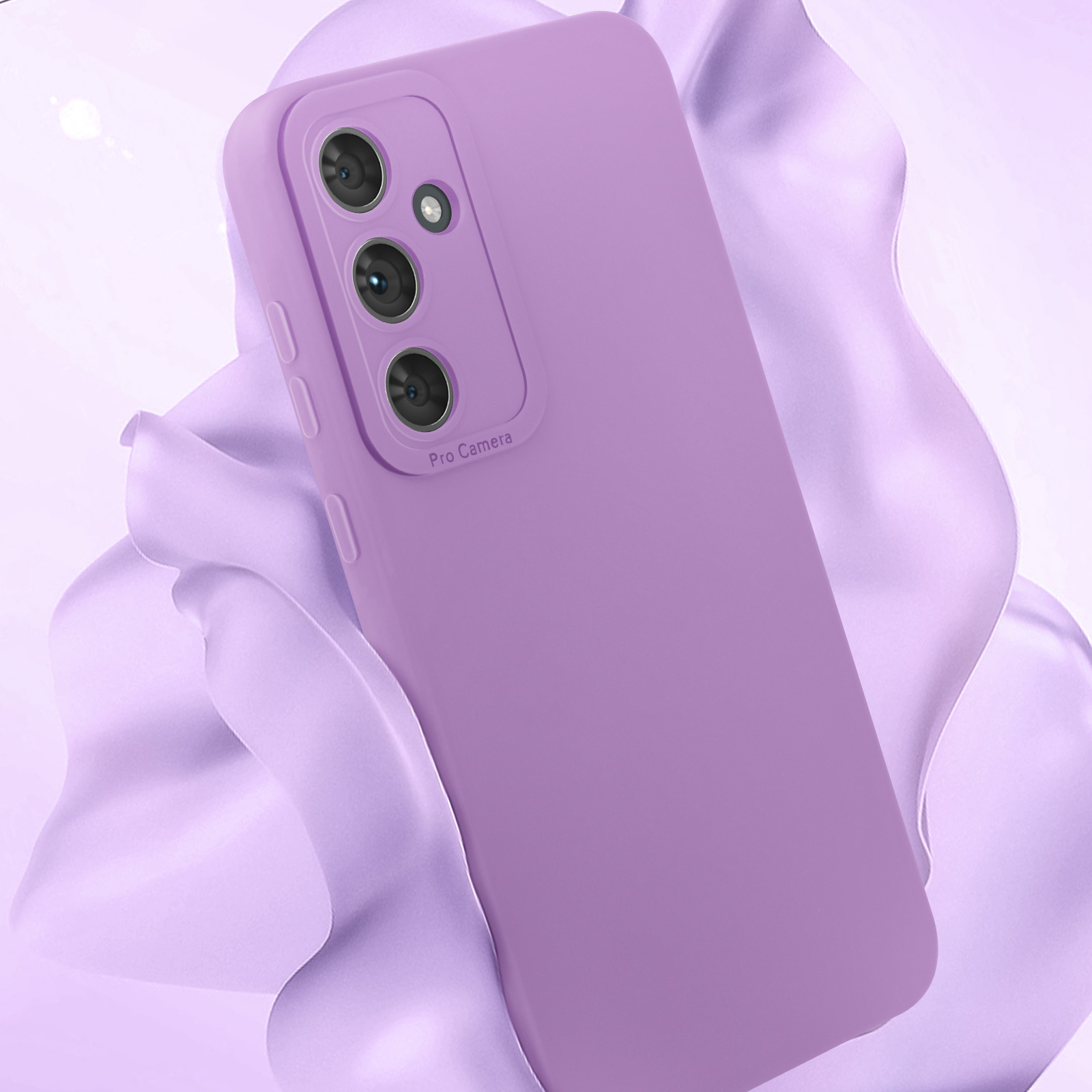 Custodia viola per telefono con tre lenti, su sfondo di tessuto viola.
