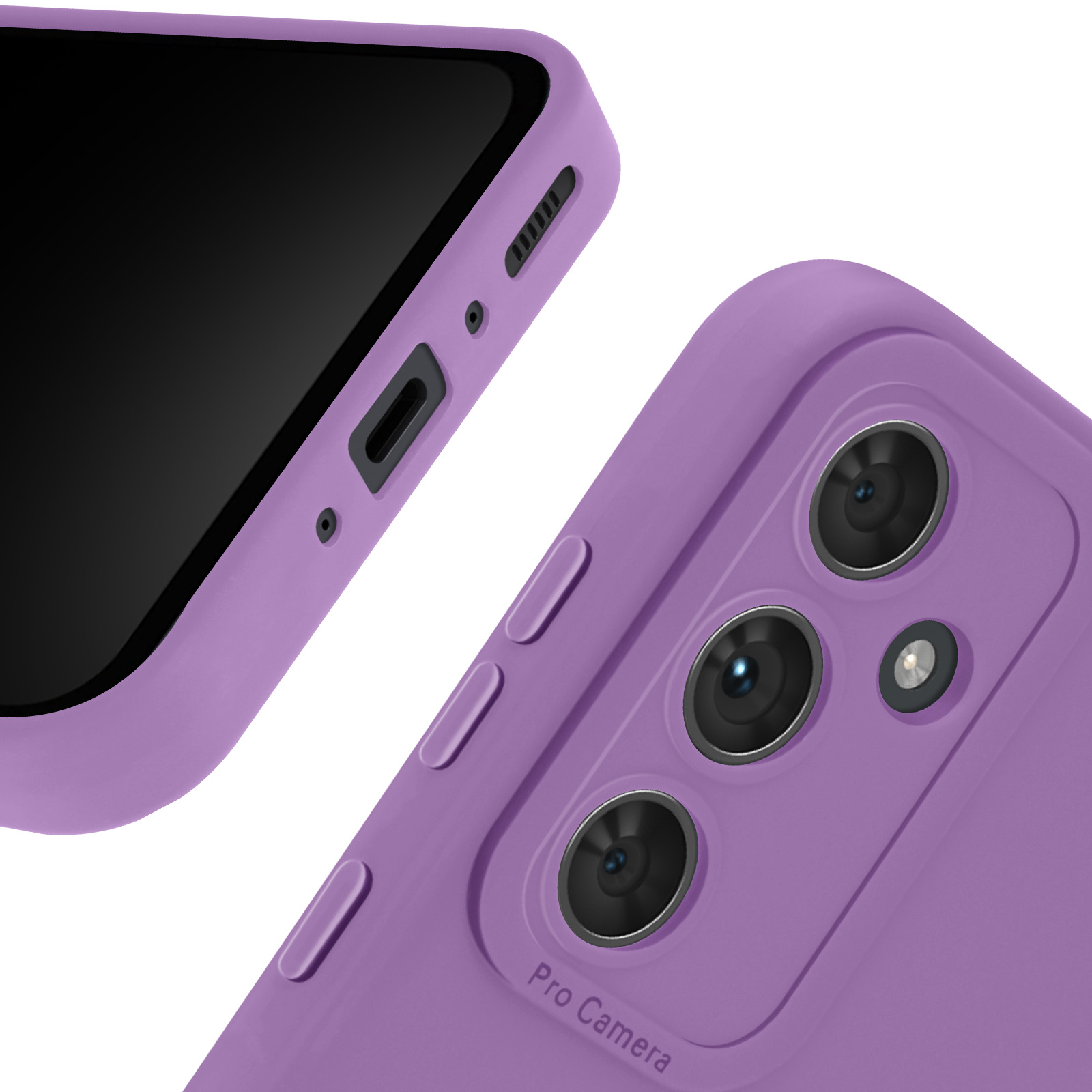 Primo piano della cover del telefono con lenti della fotocamera e dettagli.