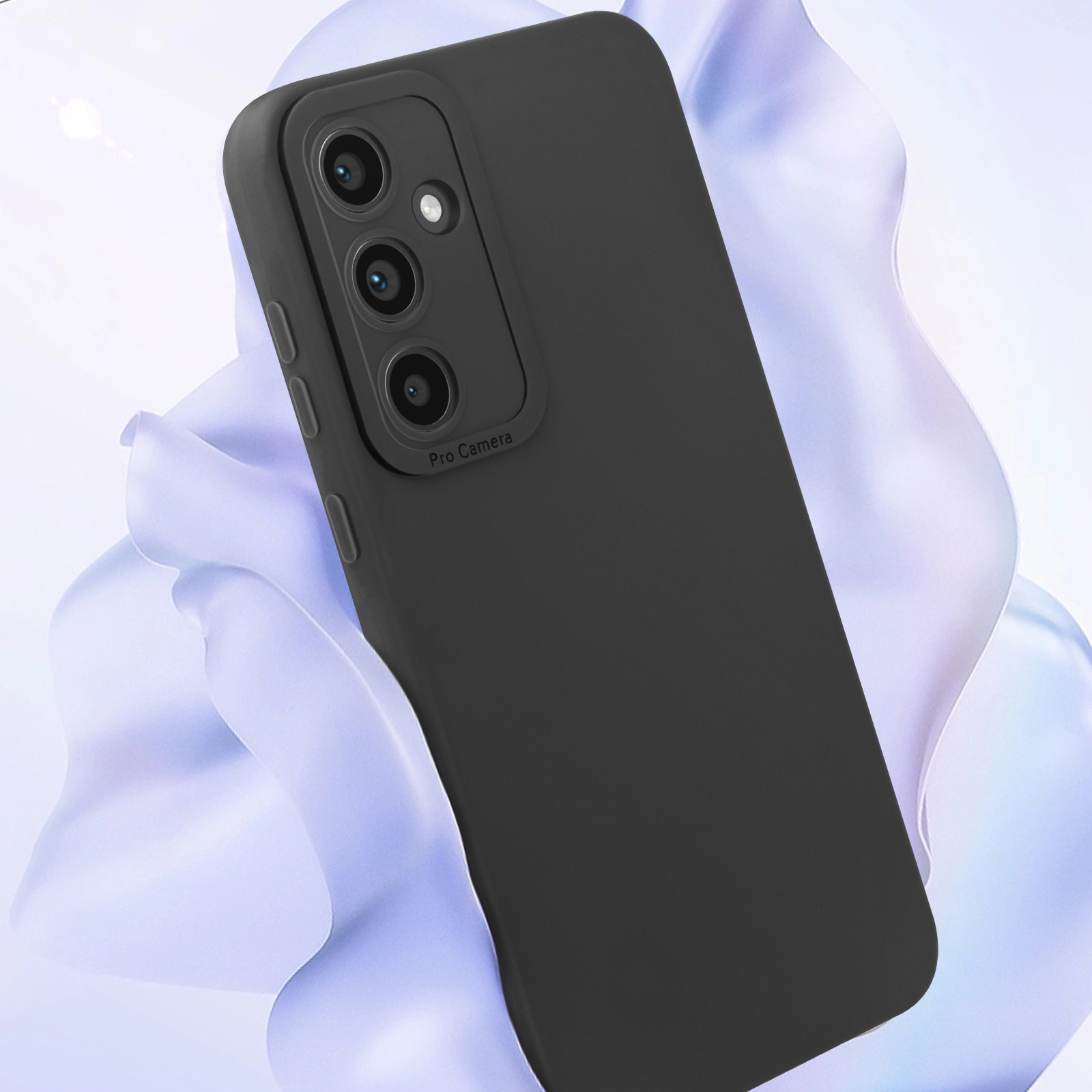 Una custodia per telefono nera con tre obiettivi per fotocamera. Le parole Pro Camera sono scritte su di essa.