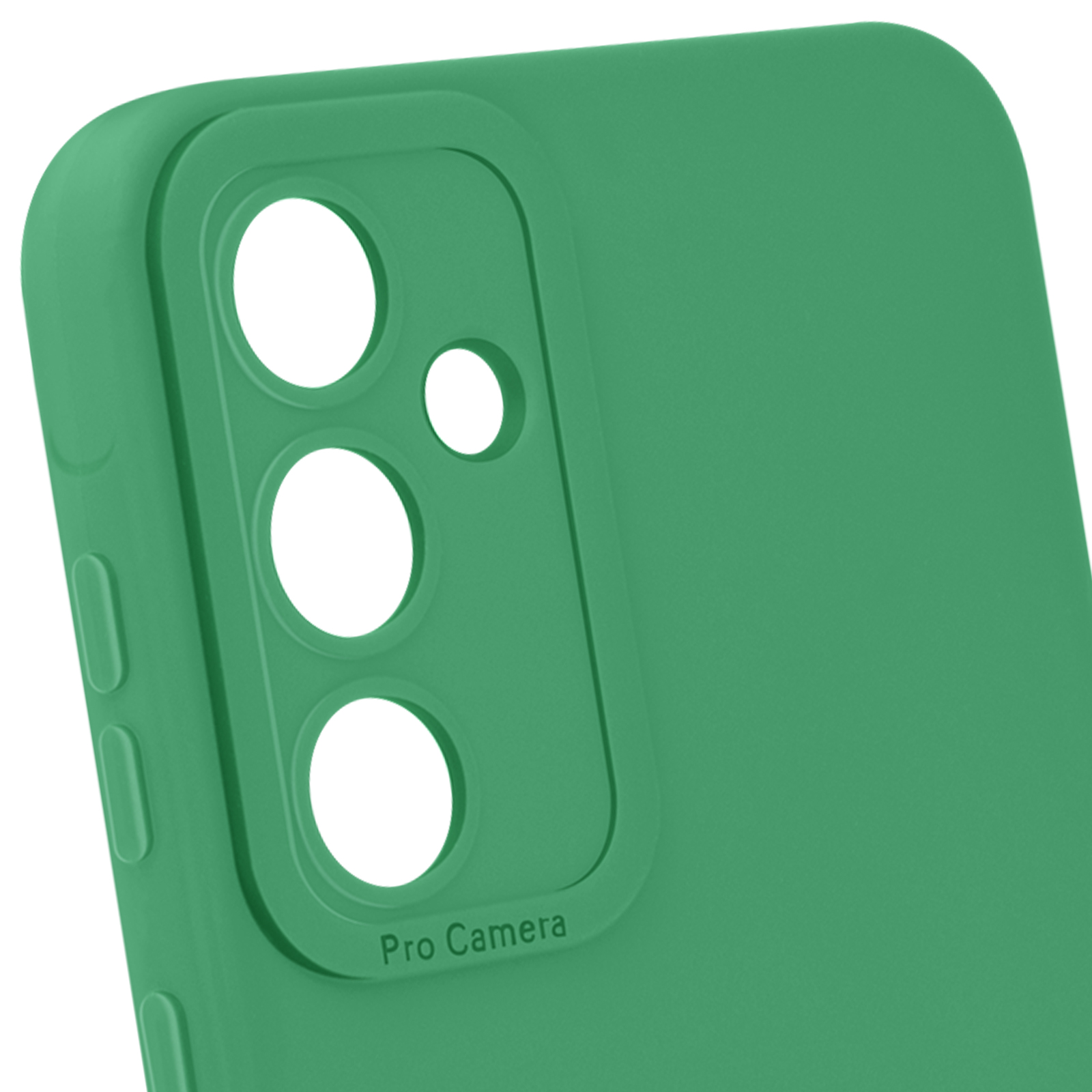 Custodia verde per telefono con tre fori per fotocamera e la scritta "Pro Camera".