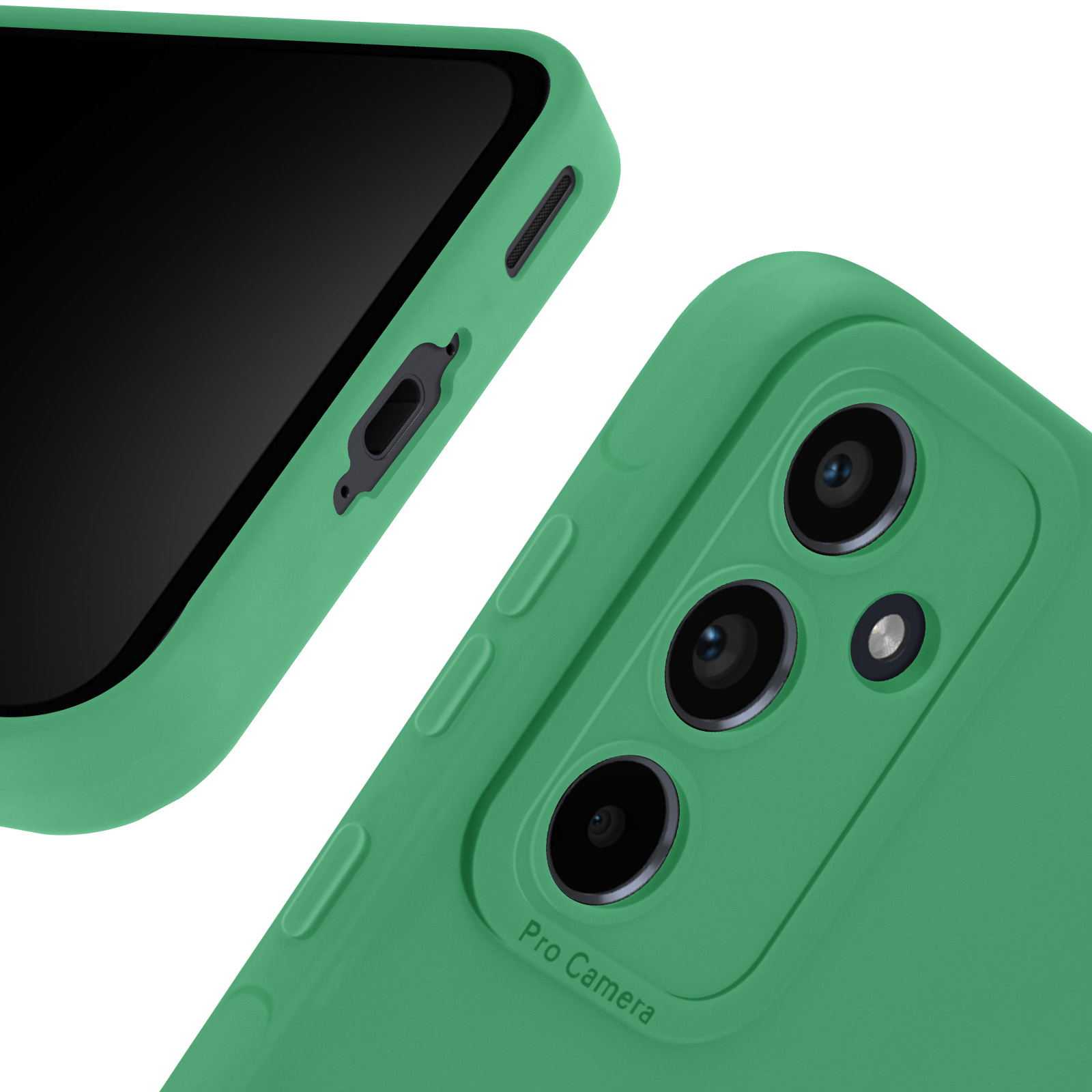 Custodia verde, due lenti della fotocamera, scritta Pro Camera. Schermo nero.