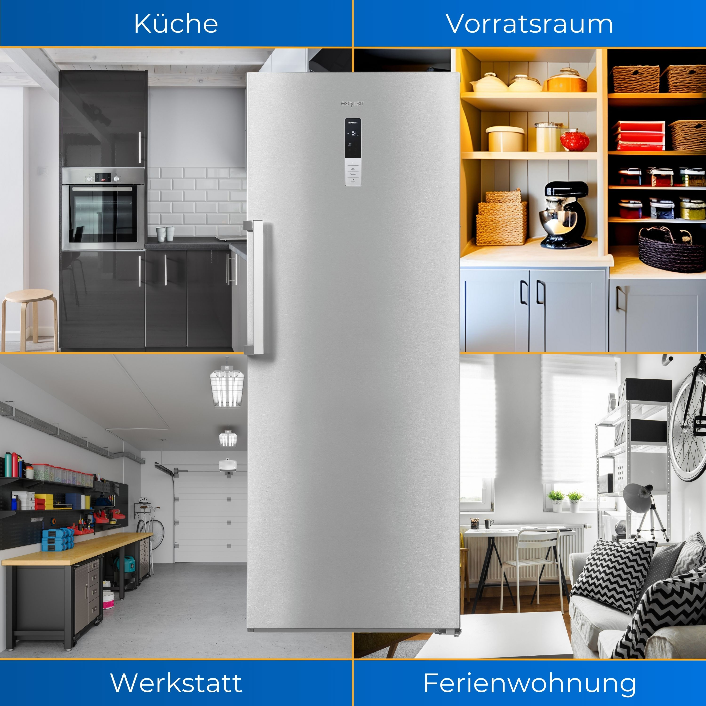 Ein großer Kühlschrank in verschiedenen Umgebungen: Küche, Speisekammer, Werkstatt und Ferienhaus.