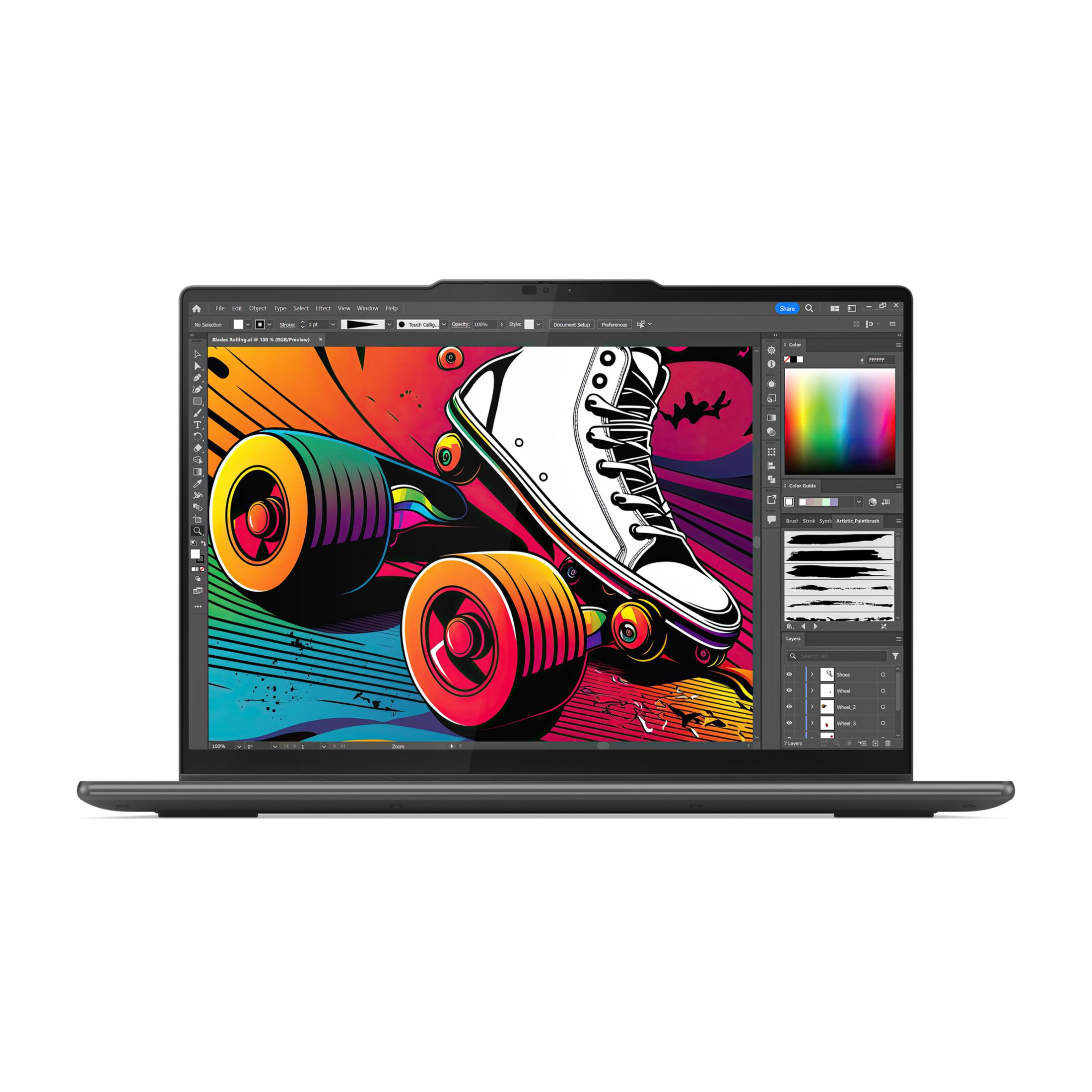 Ein Laptop-Bildschirm zeigt eine farbenfrohe Skateboard-Kunst, mit sichtbarer Designsoftware-Oberfläche.