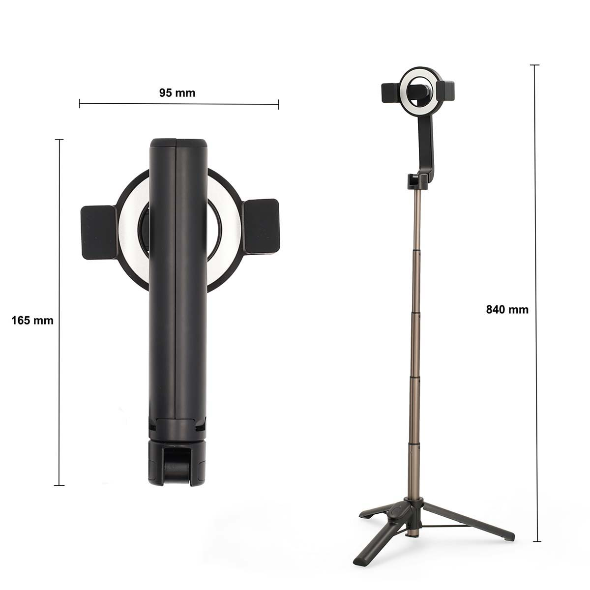 Selfie-Stick mit Ringlicht und Telefonhalter. Er ist schwarz und hat angezeigte Abmessungen.