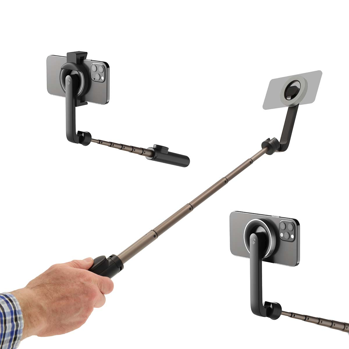 Ein Selfie-Stick mit angebrachten Telefonen. Ein Telefon ist ausgefahren und zwei sind gefaltet.