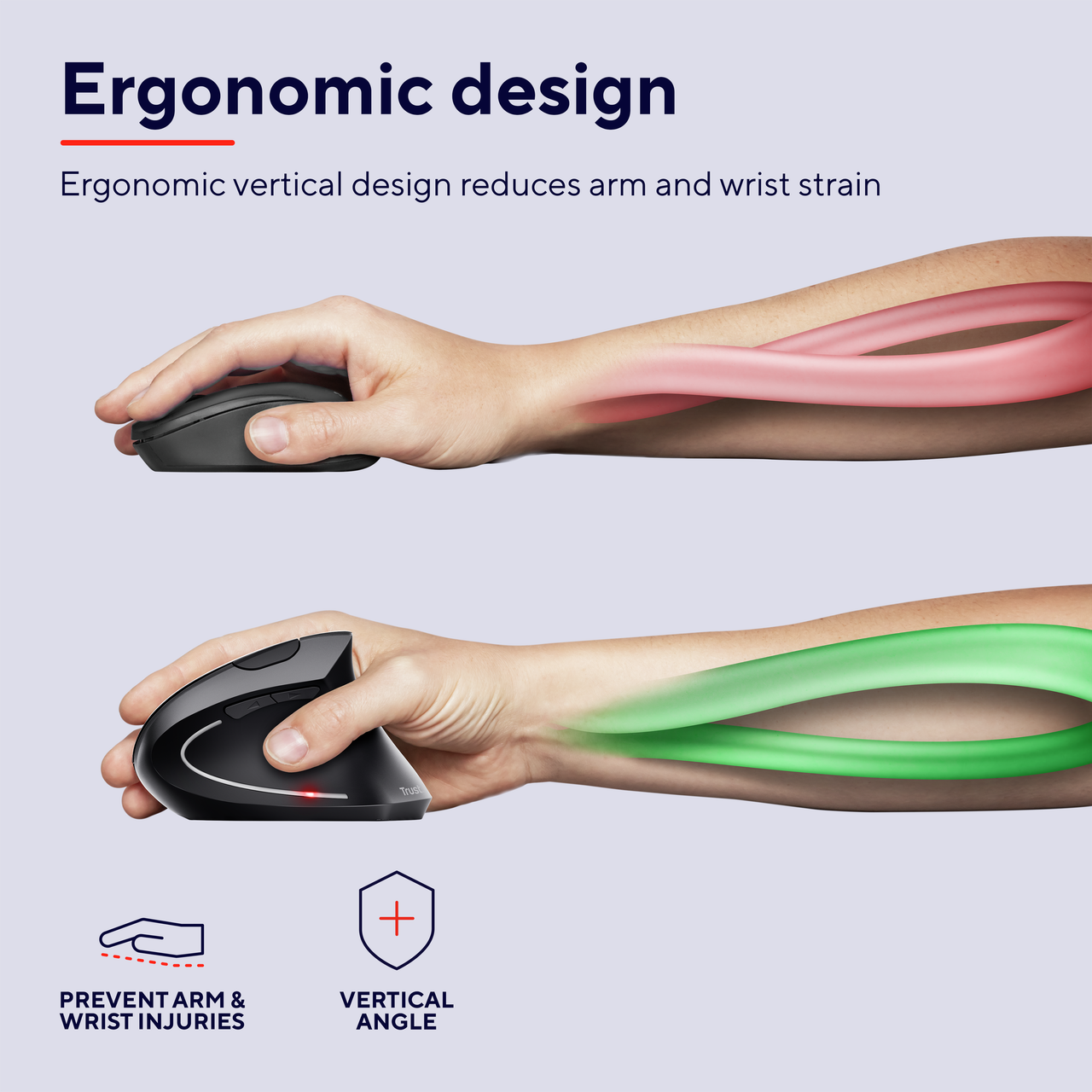 Dłonie używające myszy pionowej, prezentujące ergonomiczny design.