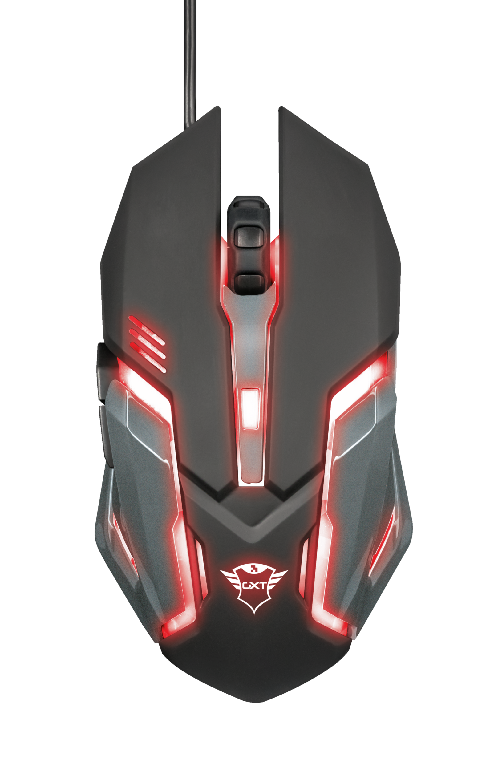 Ratón para juegos negro y gris con iluminación roja y el logotipo de Trust GXT.
