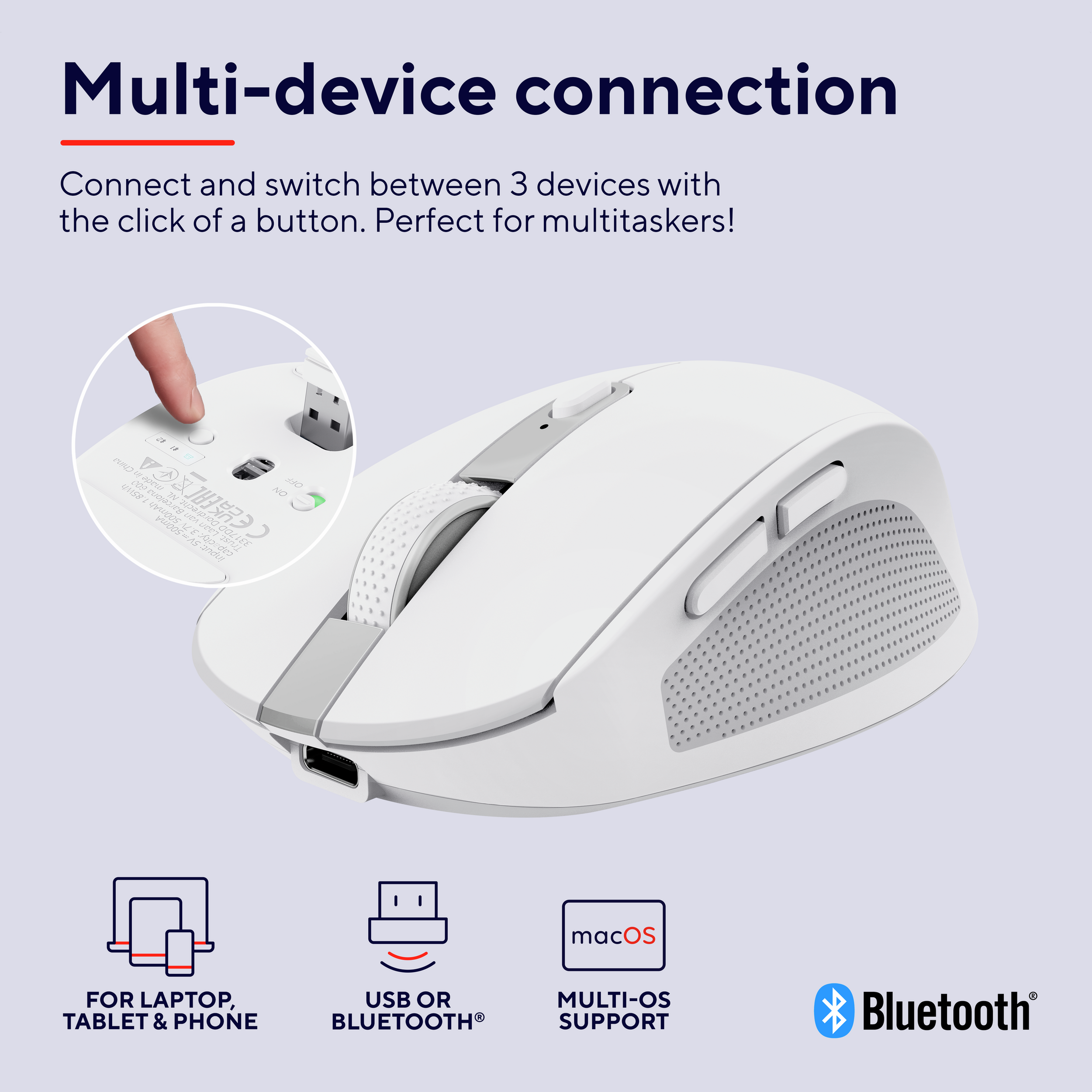 A white wireless mouse with a scroll wheel, buttons, and a USB connector. It connects to devices.