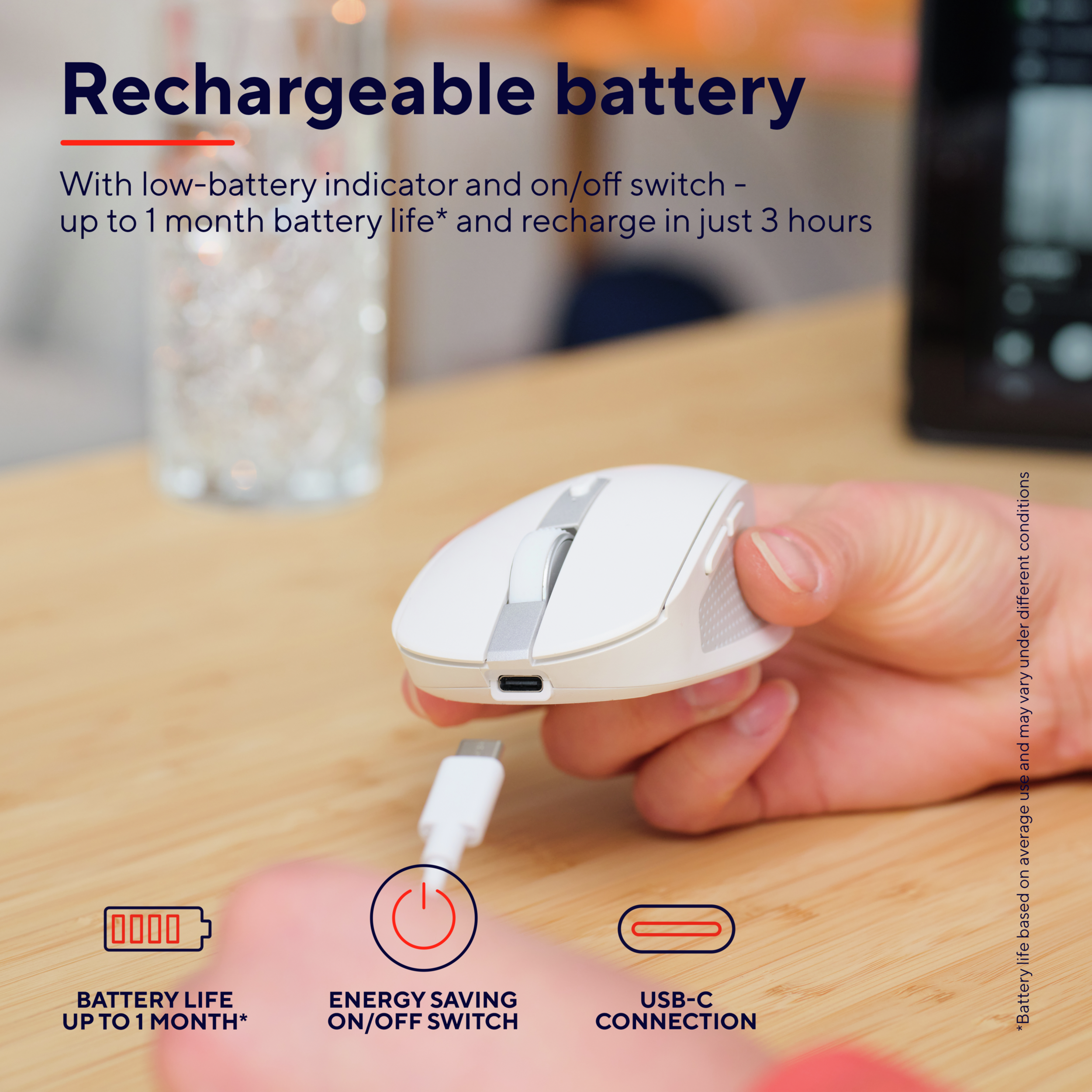 White wireless mouse charging. A hand holds the mouse near a cable with a USB-C connection.