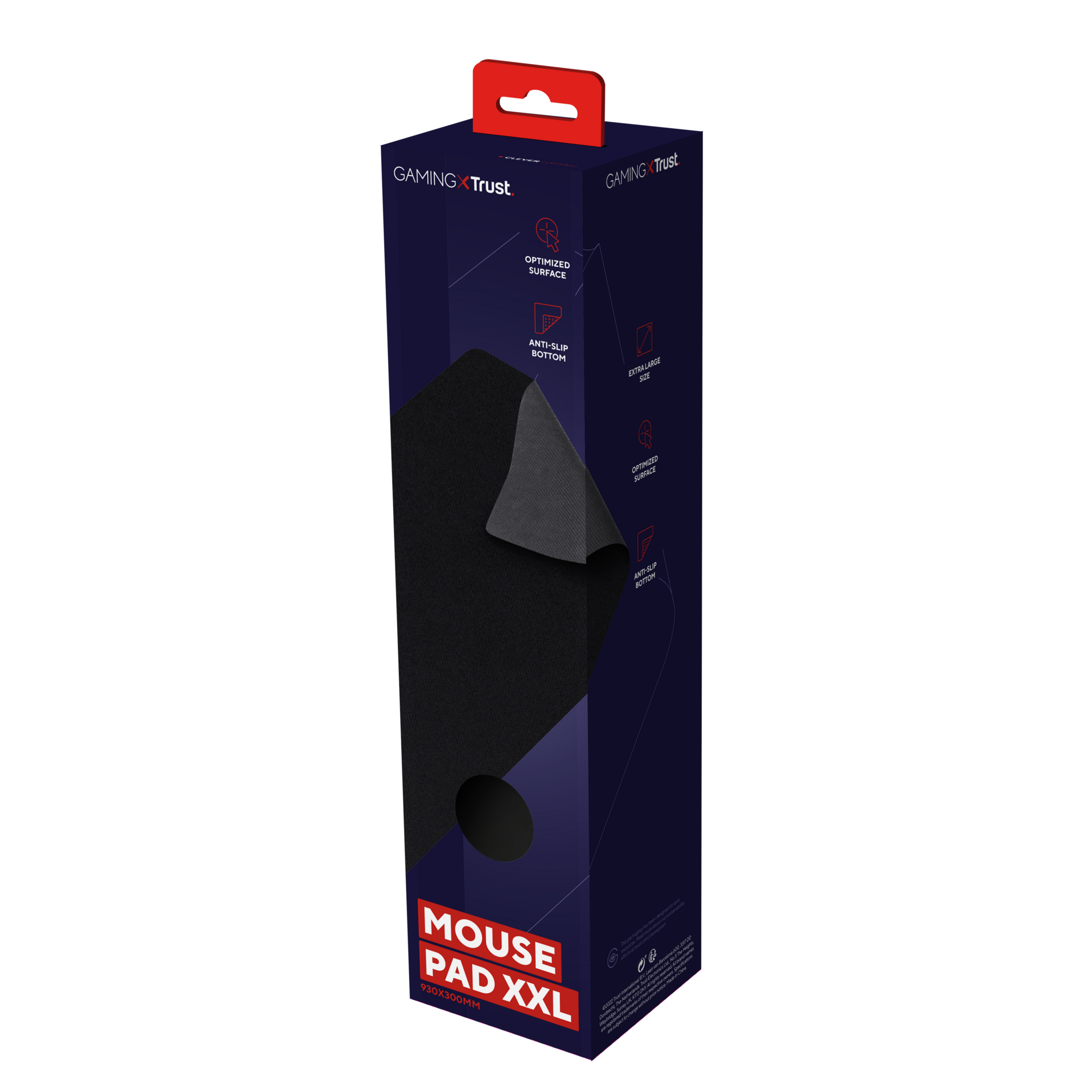 Un tapis de souris noir dans une boîte avec la marque et les informations sur le produit.