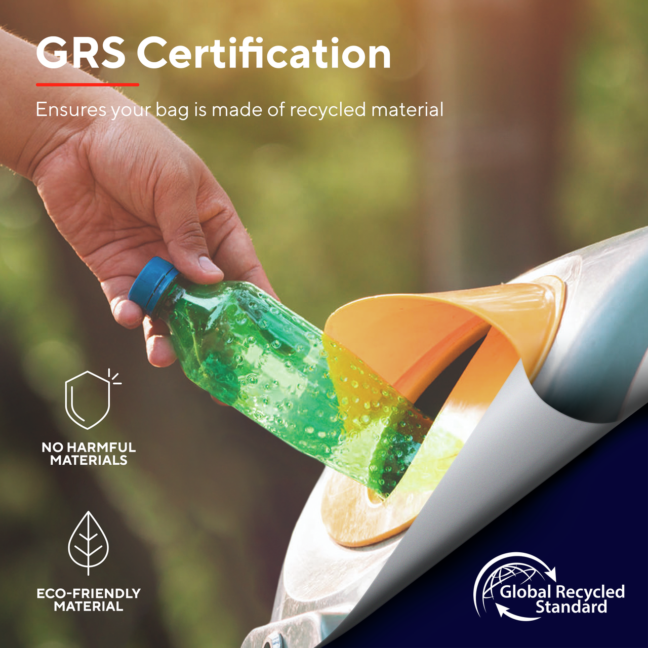 Osoba wrzuca butelkę do kosza na śmieci, z certyfikatem GRS.