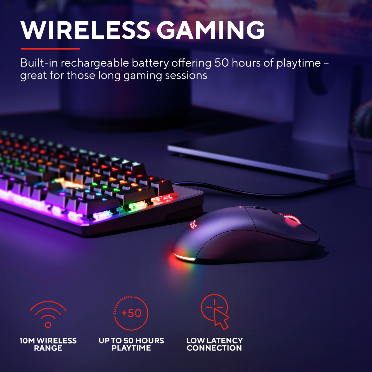 Draadloze gamingmuis met RGB-verlichting en een gamingtoetsenbord. Donkere bureaubladachtergrond.