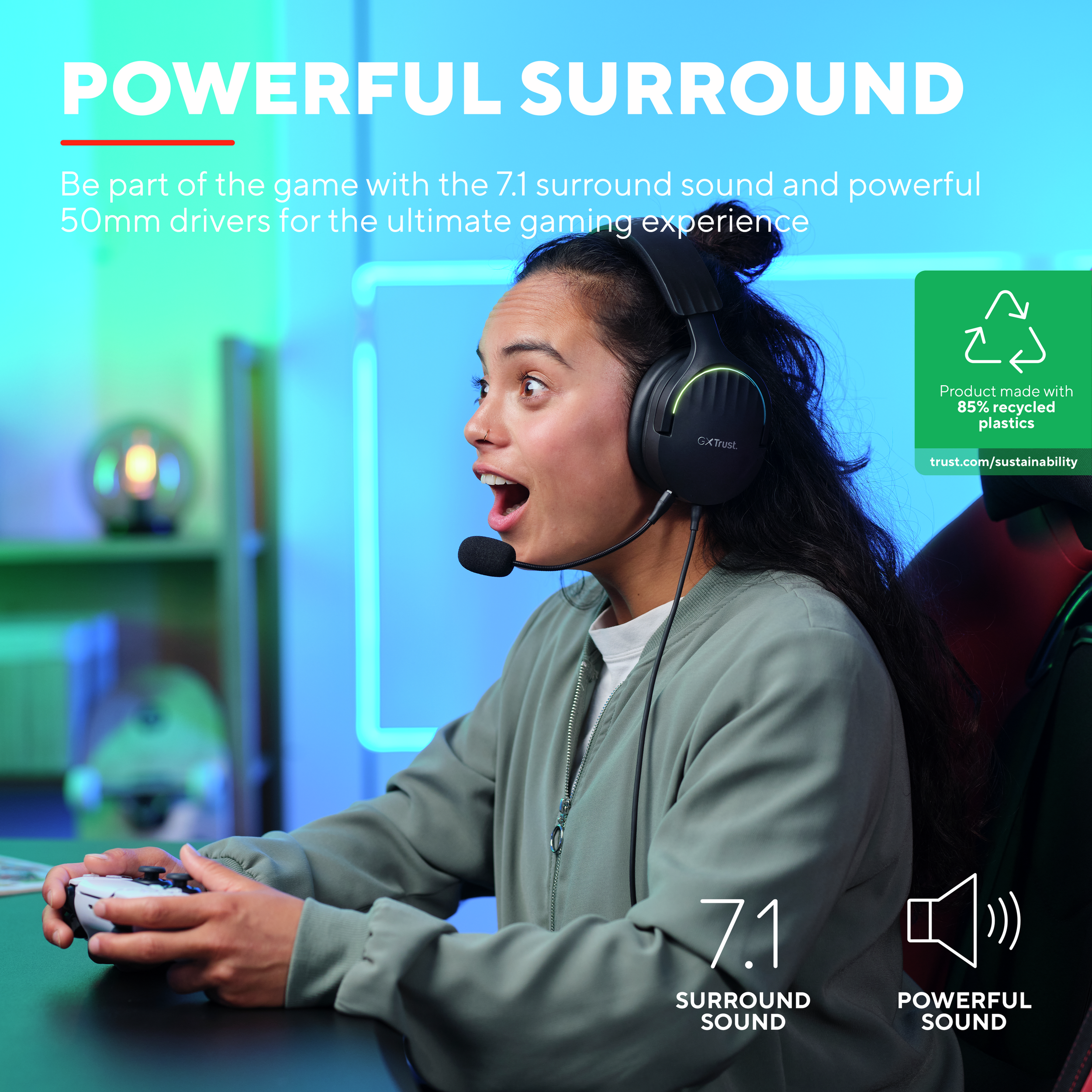 Woman wearing headphones, playing a game with a controller. Text about surround sound and recycled plastics.