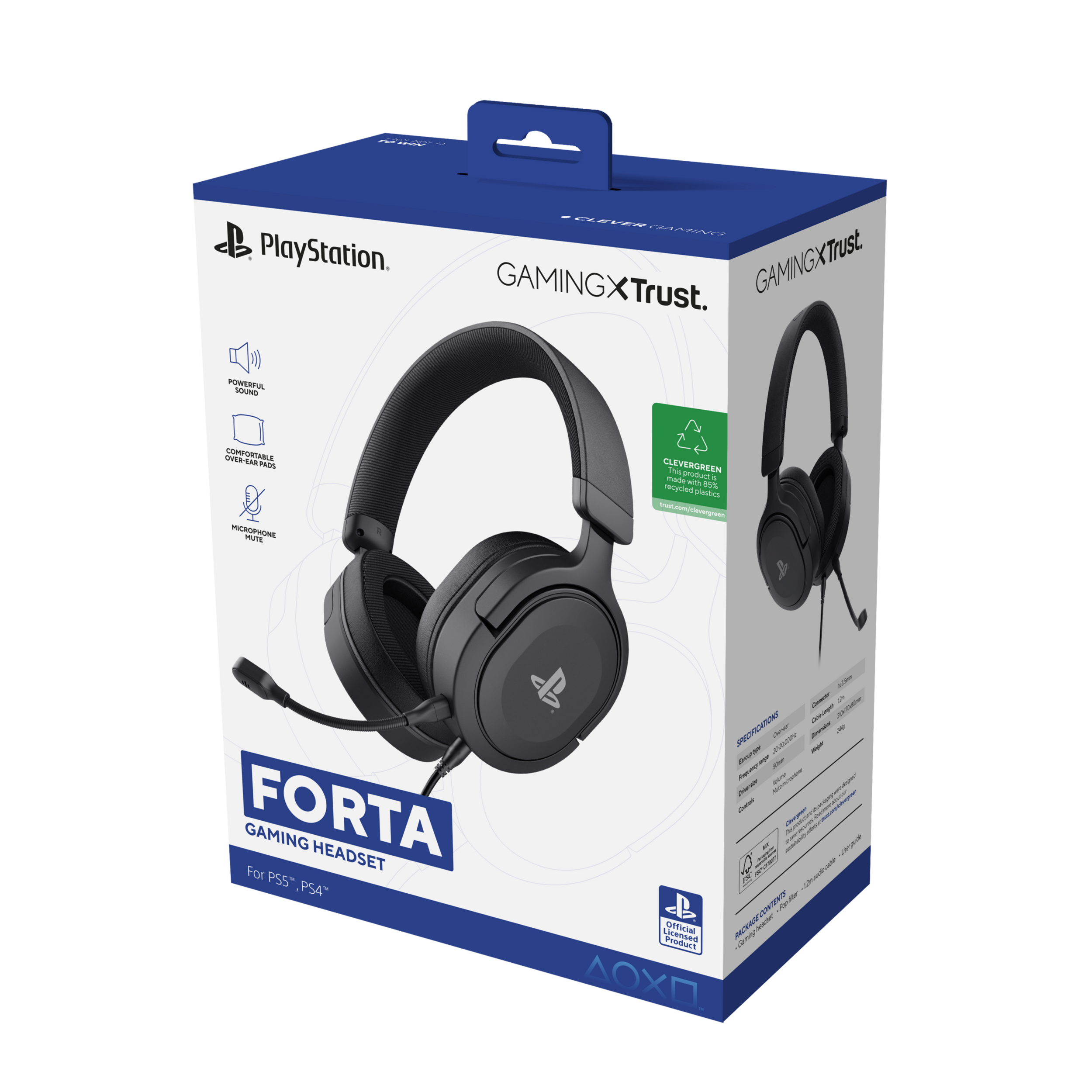 Casque gaming dans une boîte. La boîte est noire et bleue avec la marque 'PlayStation' et 'FORTA'.