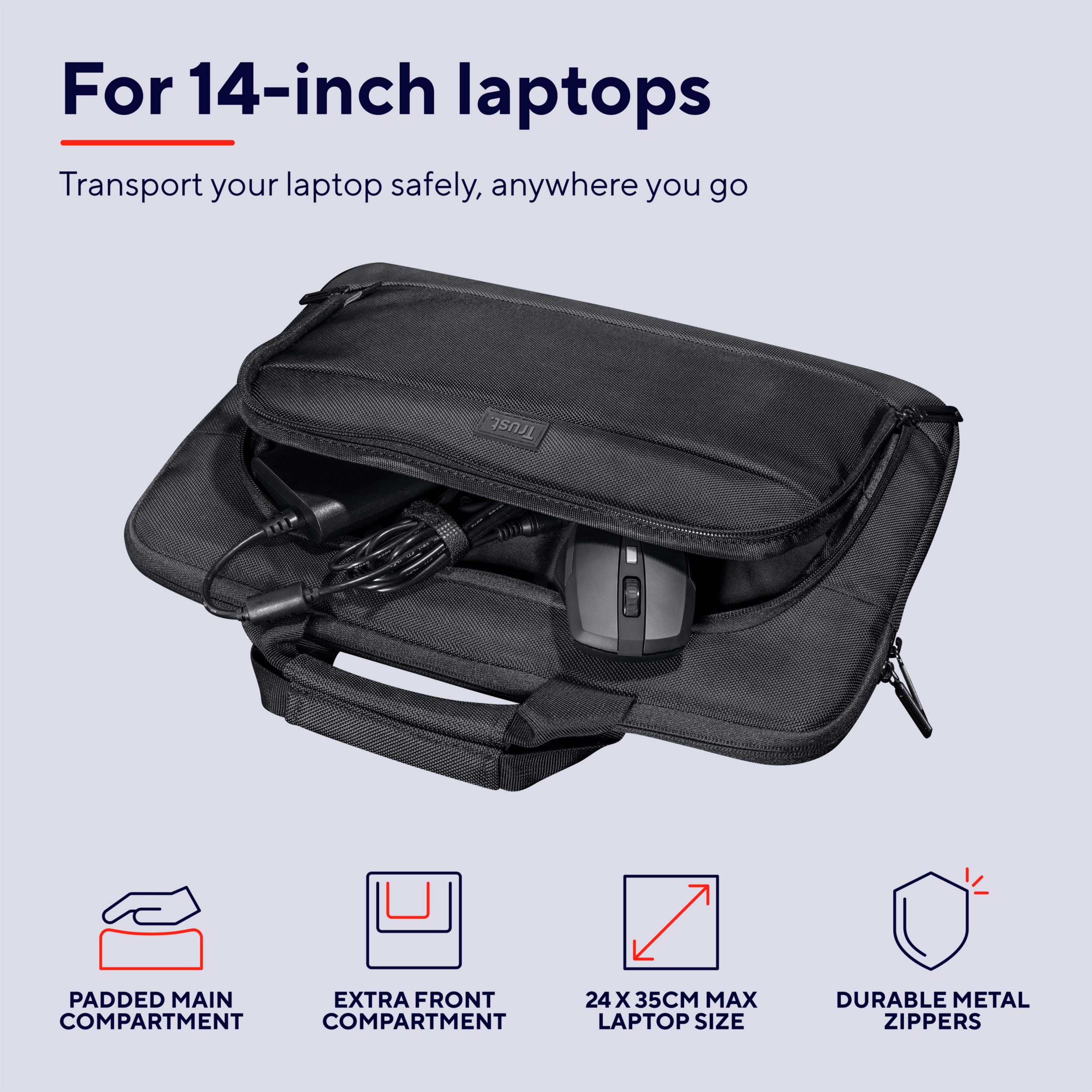 Una borsa nera per laptop con un mouse all'interno, e testo: "For 14-inch laptops".