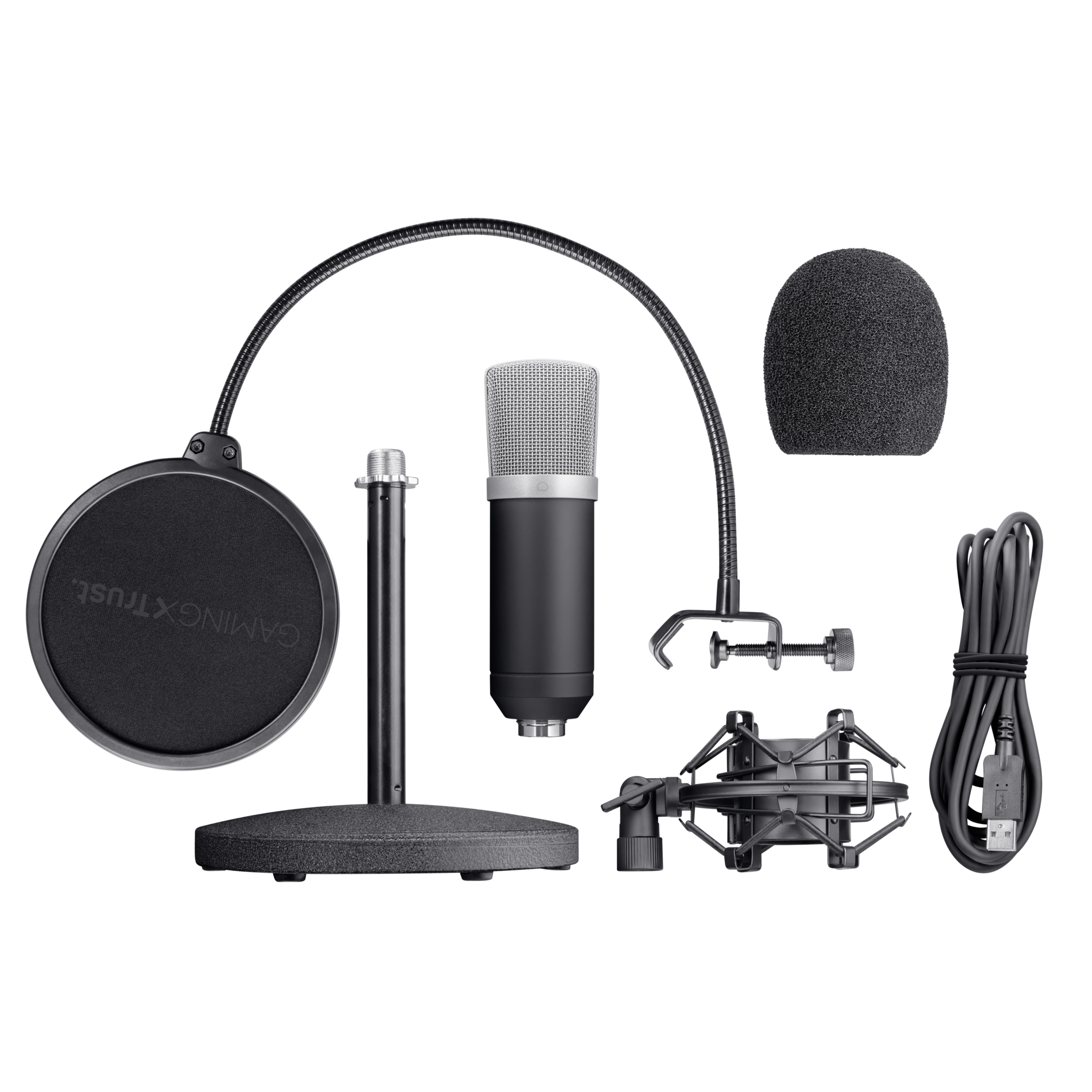 Schwarzes Mikrofon-Kit mit Ständer, Filter, Pop-Filter und Kabel auf schwarzem Hintergrund.