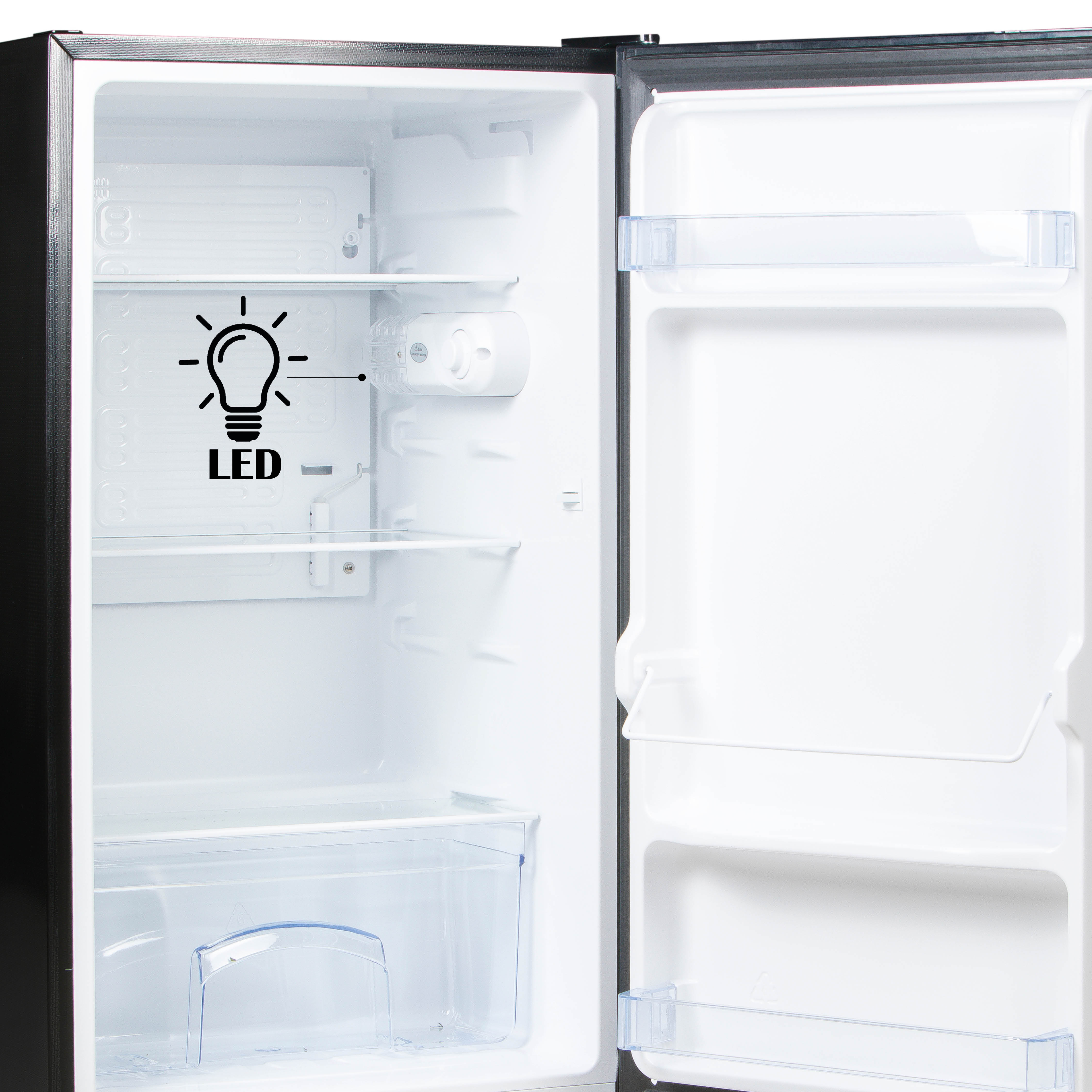 Open black refrigerator. Interior with shelves and LED light symbol.
