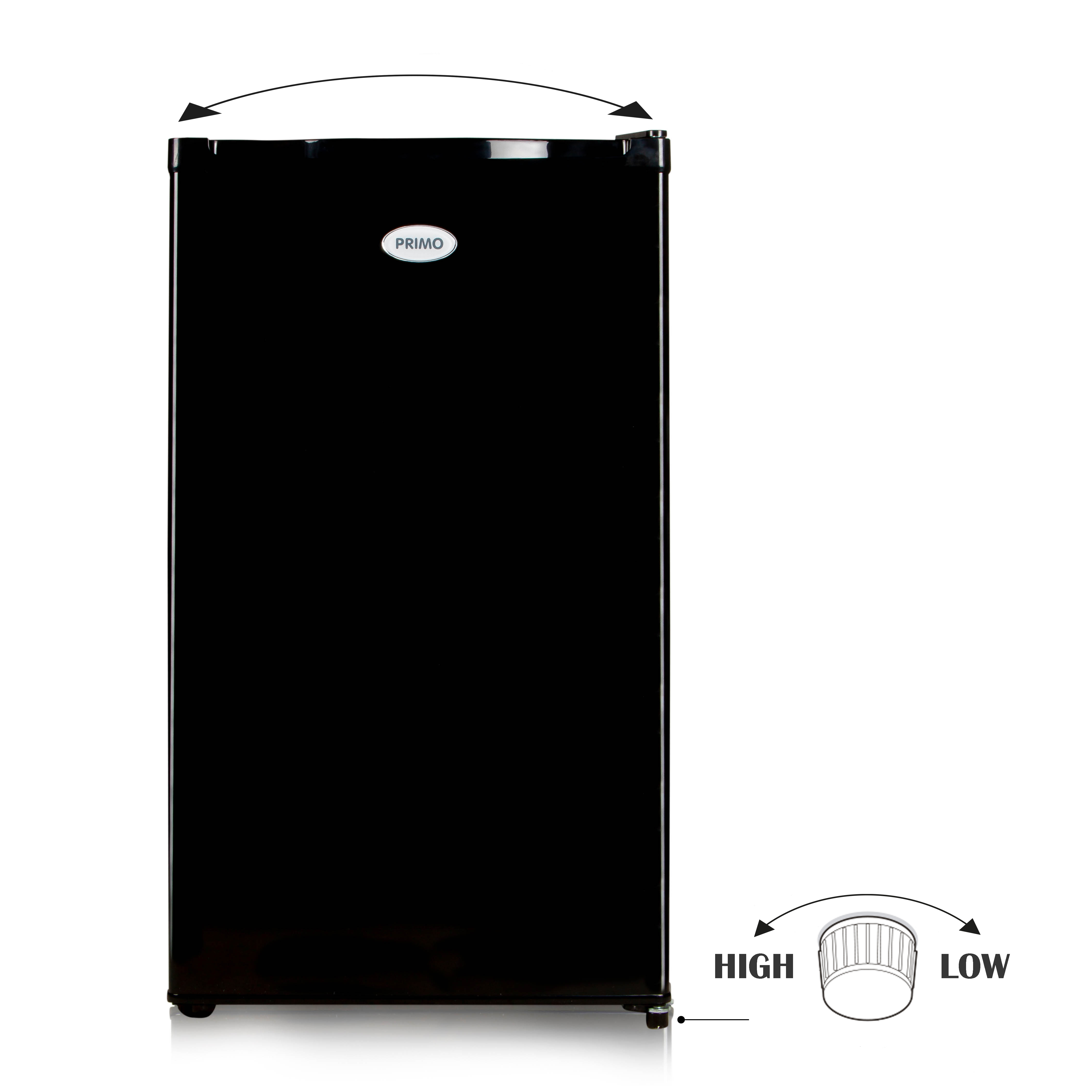 A black refrigerator with a white logo. It has a dial with high and low labels.