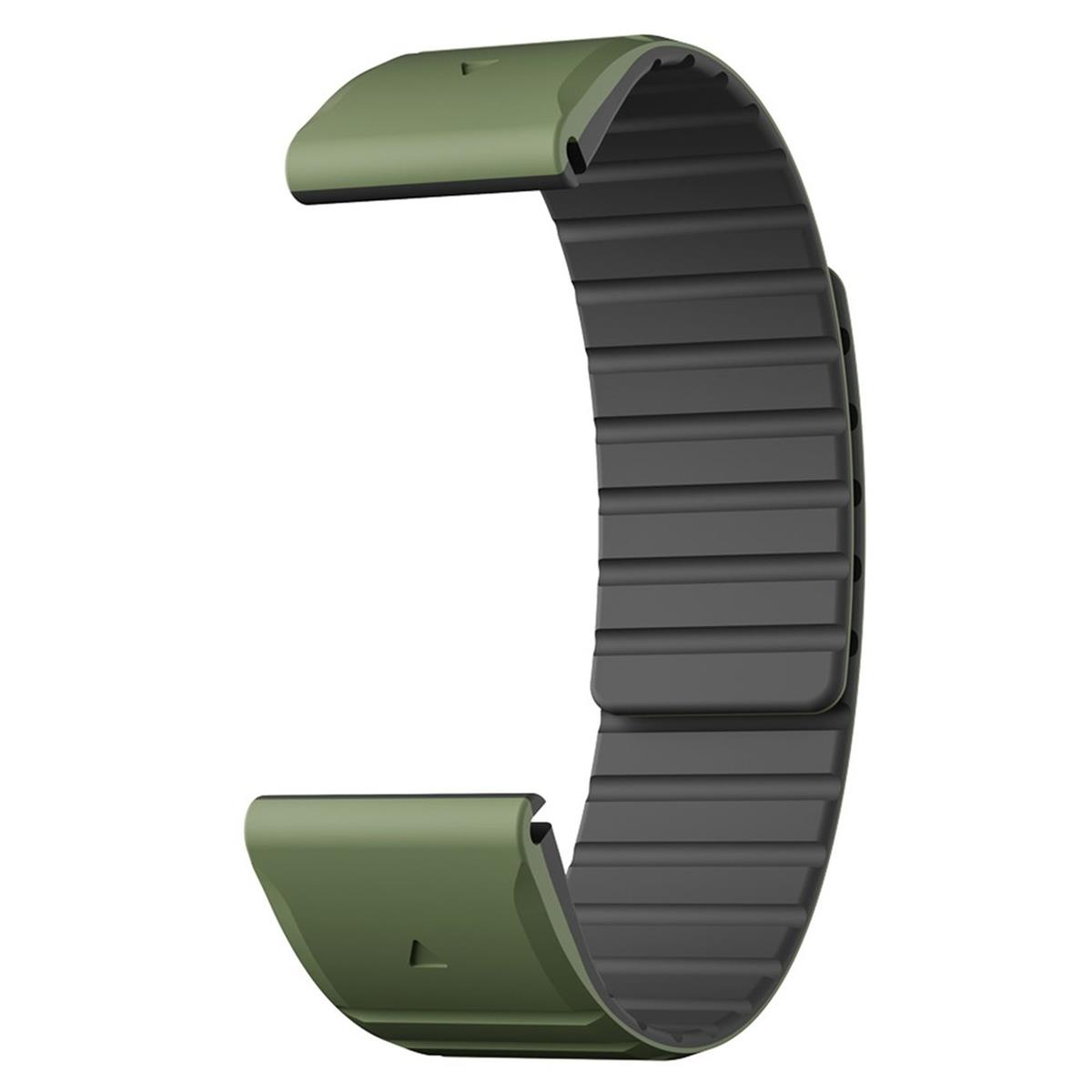 Grünes und schwarzes Uhrenarmband. Es besteht aus einem gummiartigen Material. Es hat eine geriffelte Textur.