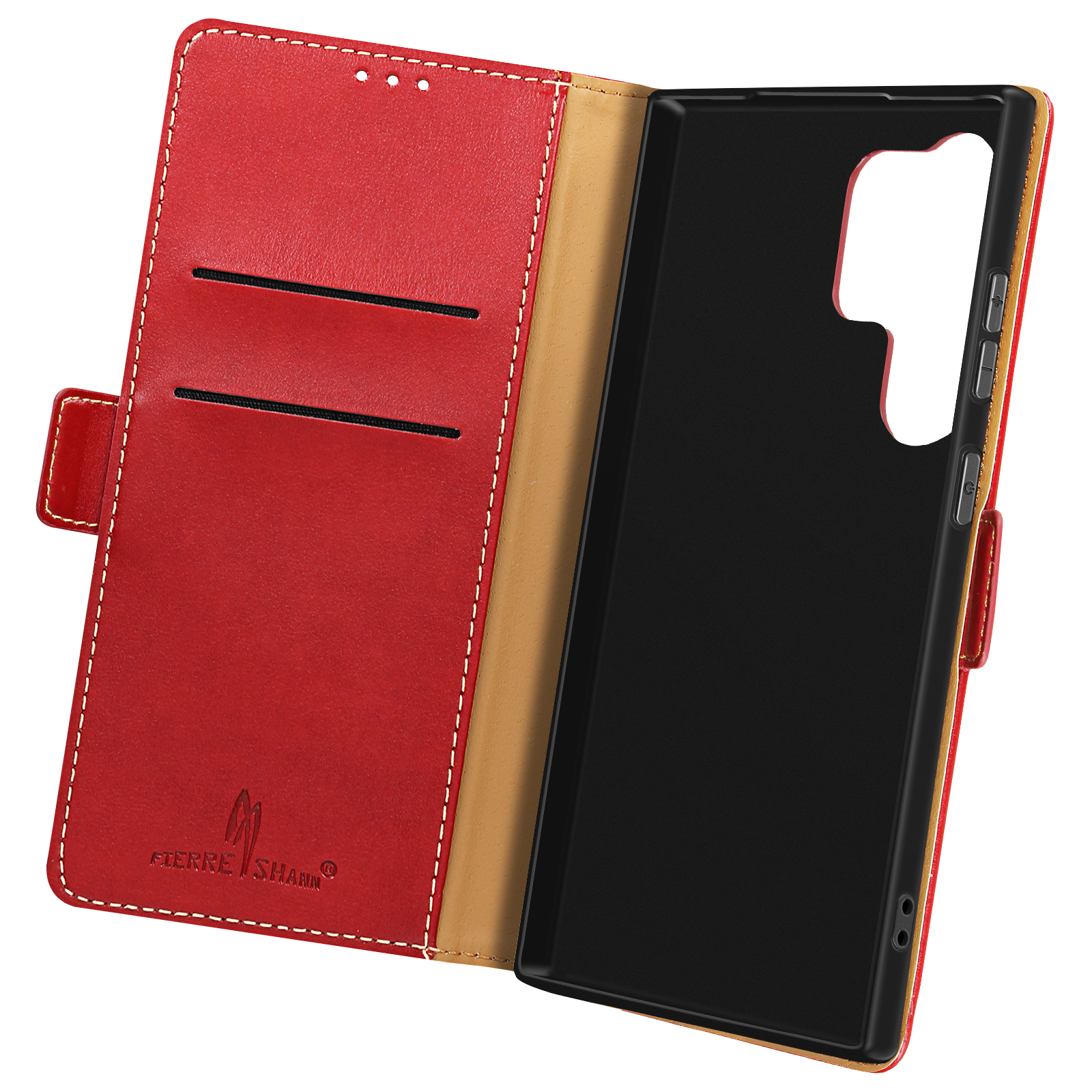 Rote Leder-Handyhülle, offen, mit schwarzem Innenraum, Kartenfächern und einem Telefon.
