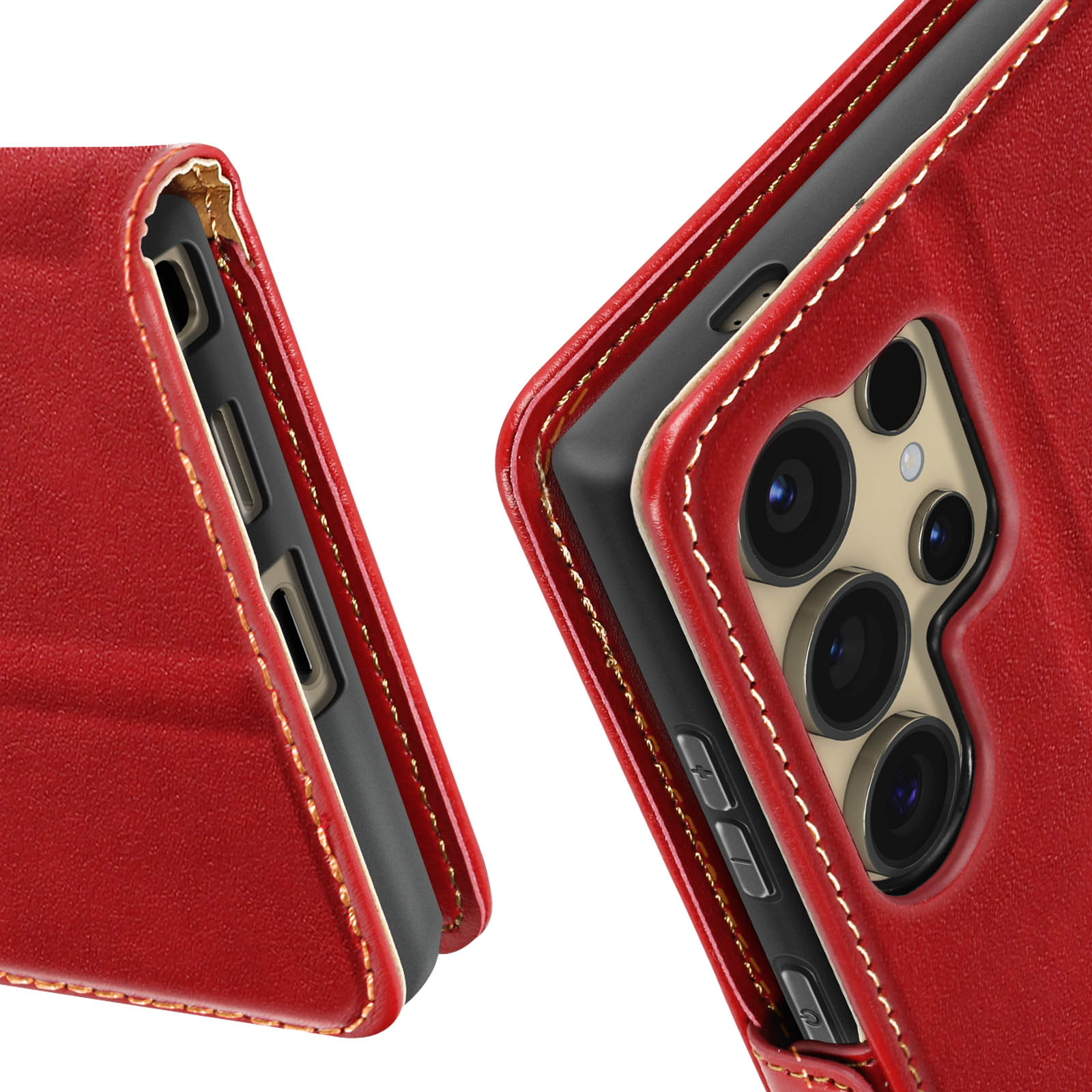 Rote Leder-Handyhülle, die Telefonkamera und Nähte zeigt. Der Hintergrund ist weiß.