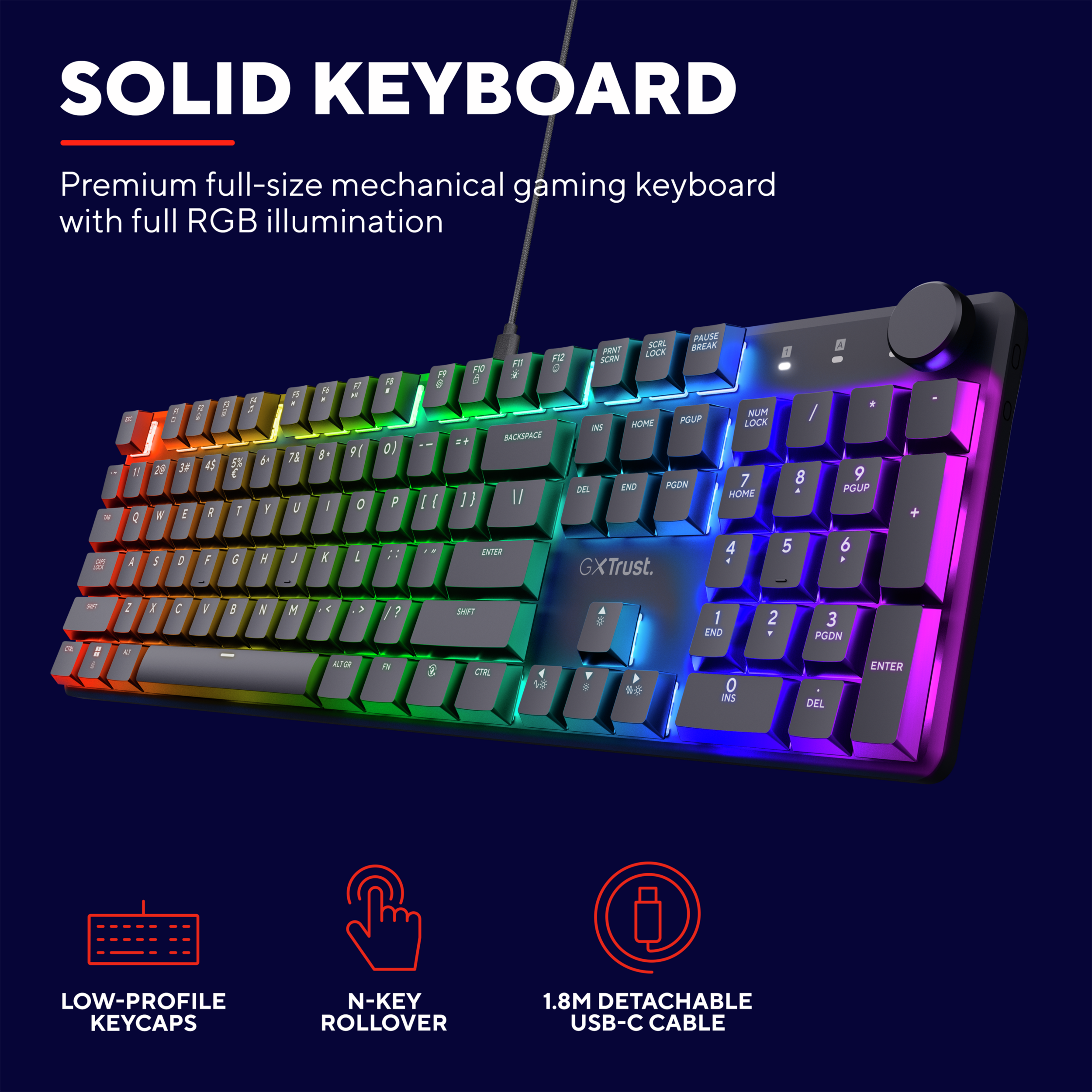 Czarna klawiatura ze światłami RGB, białe litery. Tło jest czarne.