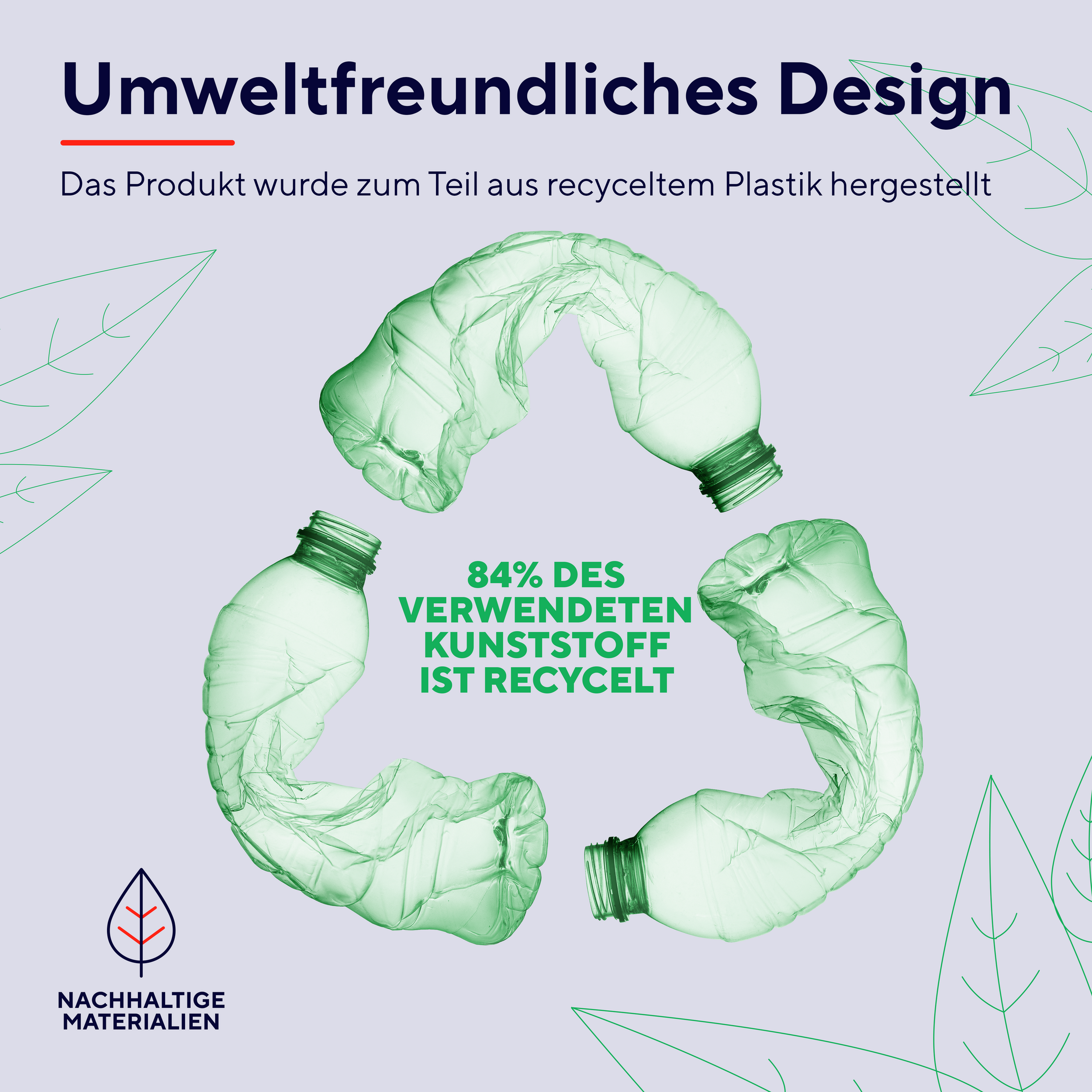 Obraz z tekstem o recyklingu. Pokazuje trzy zielone symbole recyklingu wykonane z plastikowych butelek.