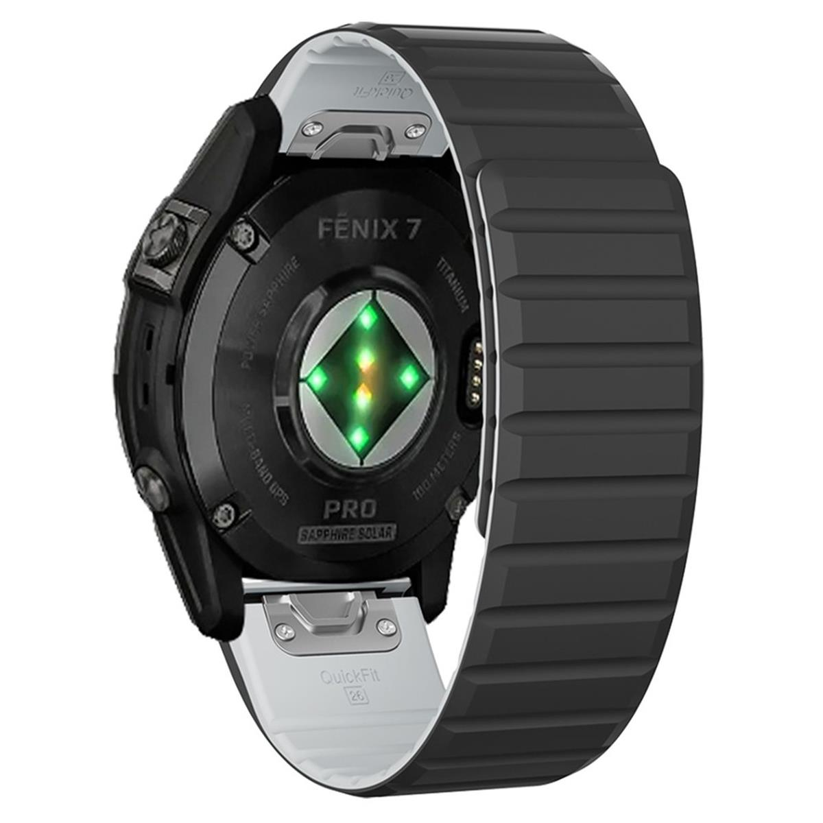 Schwarze Smartwatch mit schwarzem und weißem Armband. Sie hat einen grünen Sensor und einen Titanrücken.
