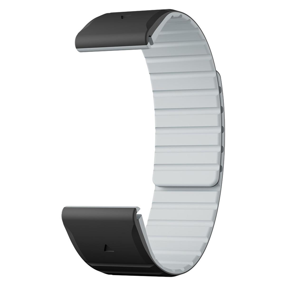 Ein schwarz-weißes Uhrenarmband. Es ist gebogen und hat eine strukturierte Oberfläche.