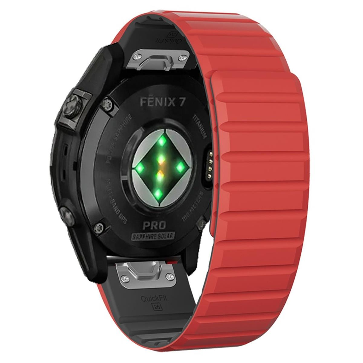 Smartwatch-Rückseite: schwarz mit rotem Armband. Sensoren, Titanlünette und Markendetails sichtbar.